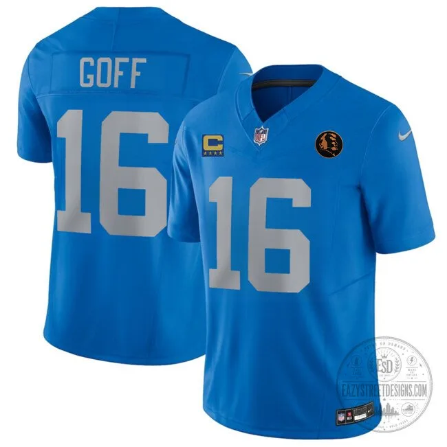 Jared Goff Detroit Lions Blue Football Jersey with Number 16 and Captain Patch