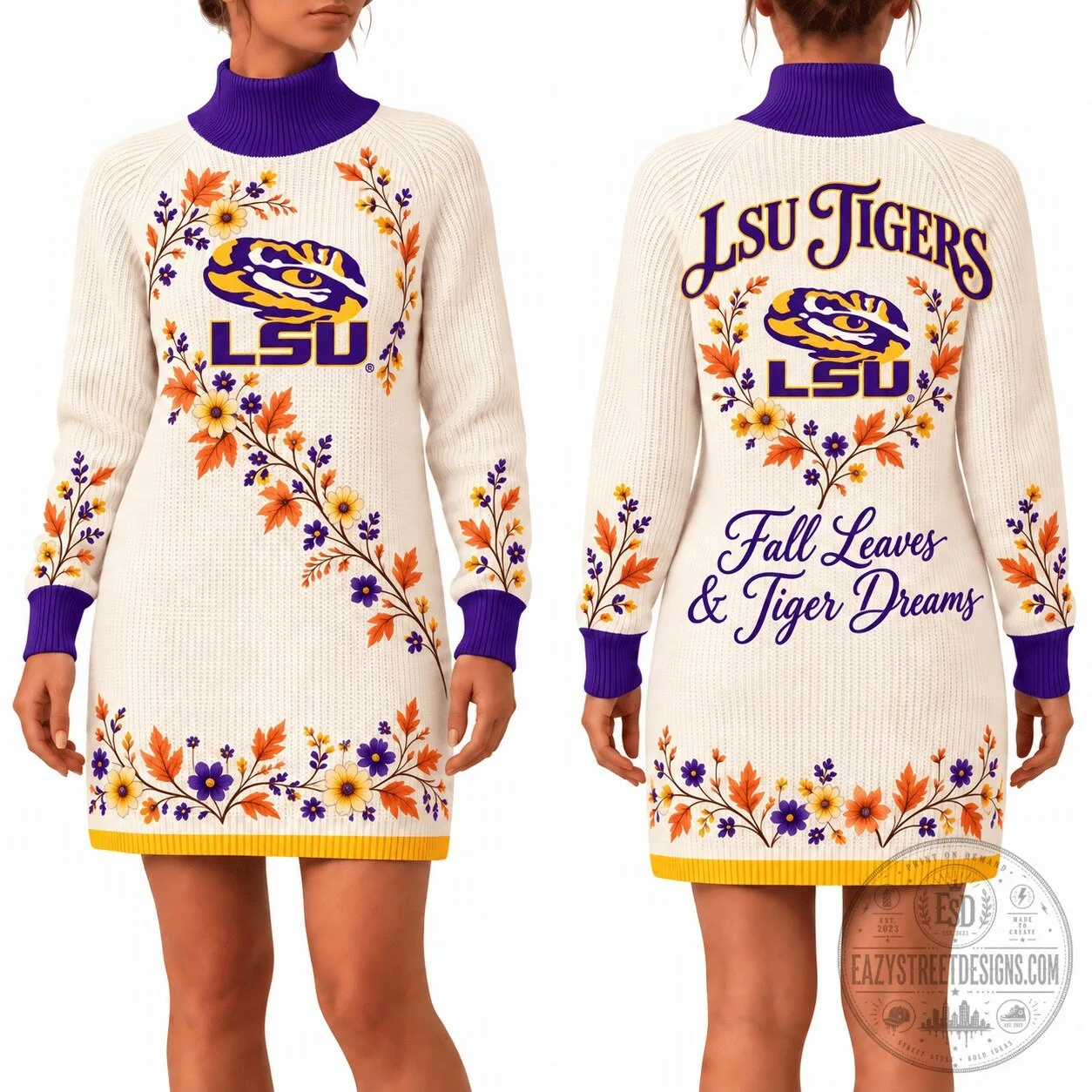 Louisiana State University Tigers Fall Leaves And Tiger Dreams Sweater Dress 2 Louisiana State University Tigers Fall Leaves And Tiger Dreams Sweater Dress