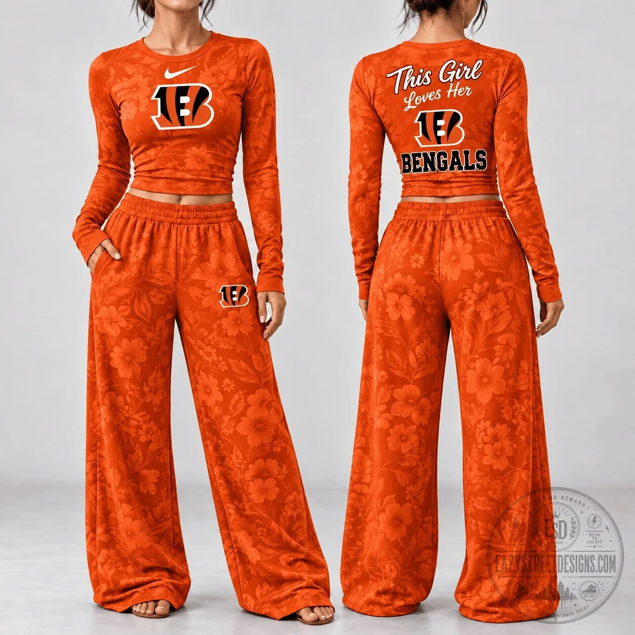 Cincinnati Bengals Floral Print Long Sleeve Shirt and Pants Set for Women