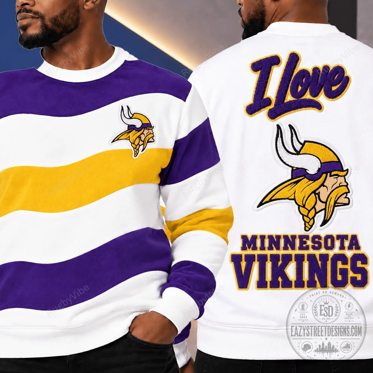 Minnesota Vikings Football Team Striped Crewneck Sweatshirt