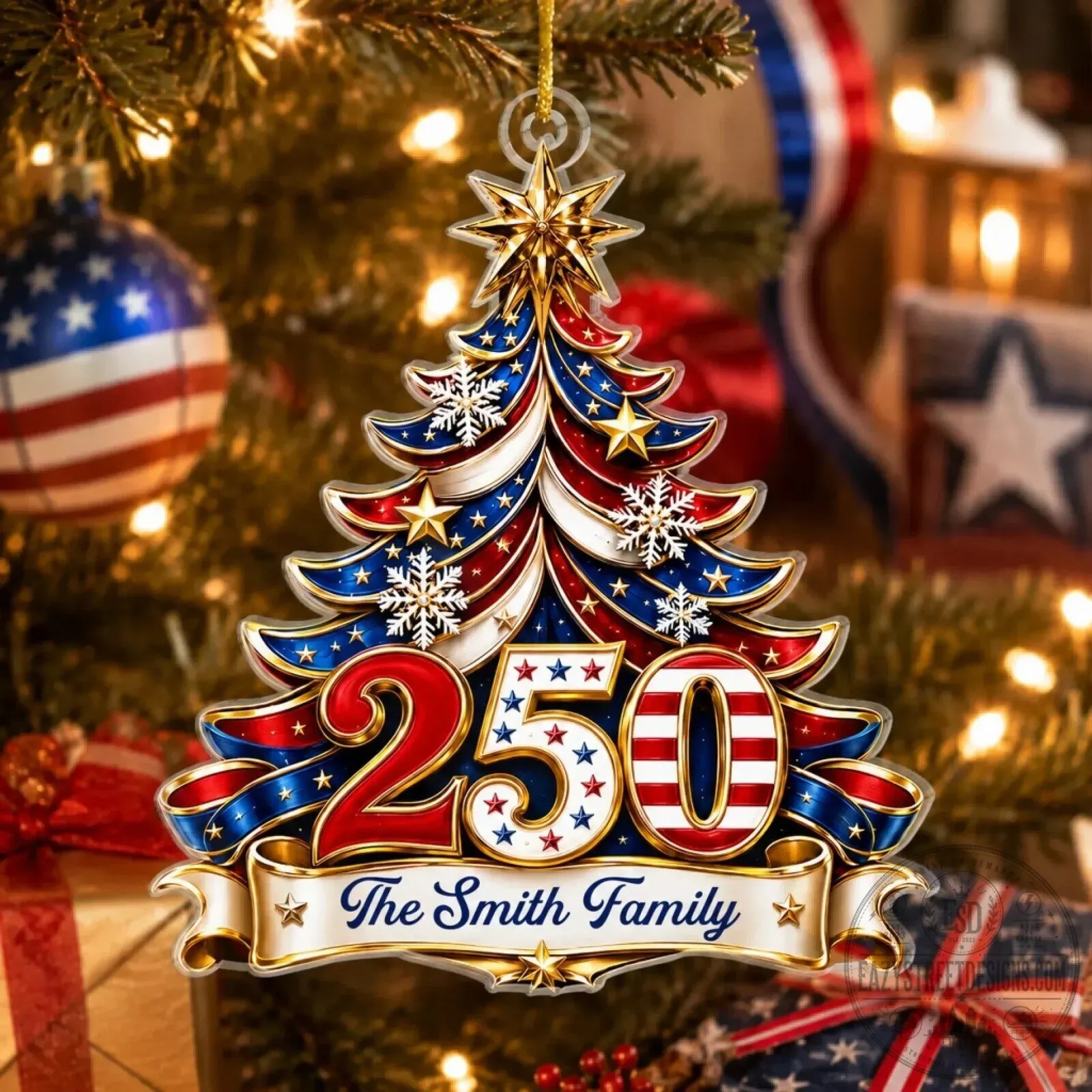 America 250th Anniversary Christmas Tree Personalized Family Ornament
