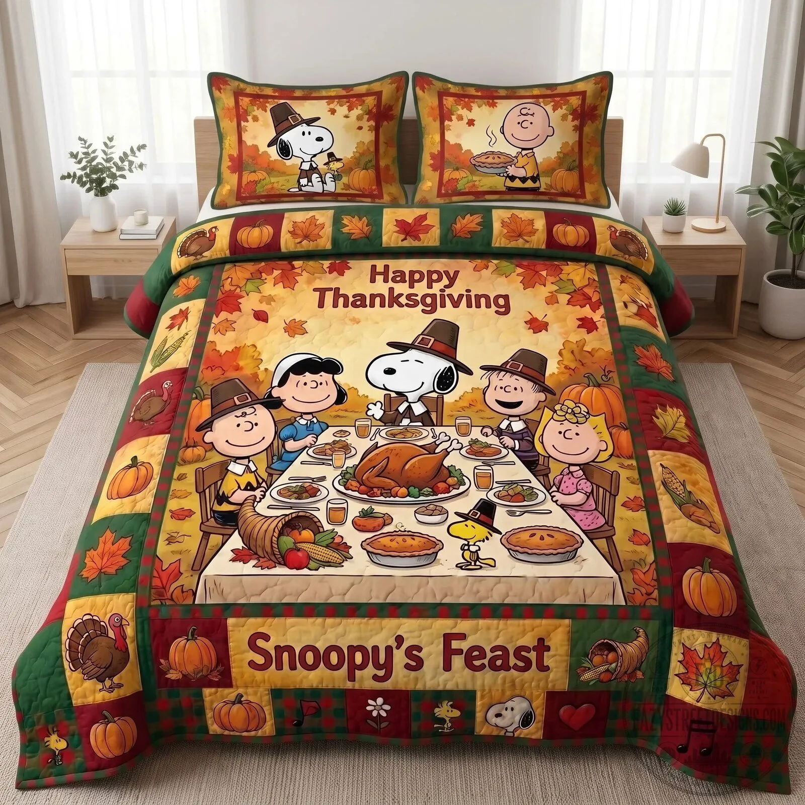 Peanuts Snoopy and Friends Happy Thanksgiving Feast Quilt Bedding Set