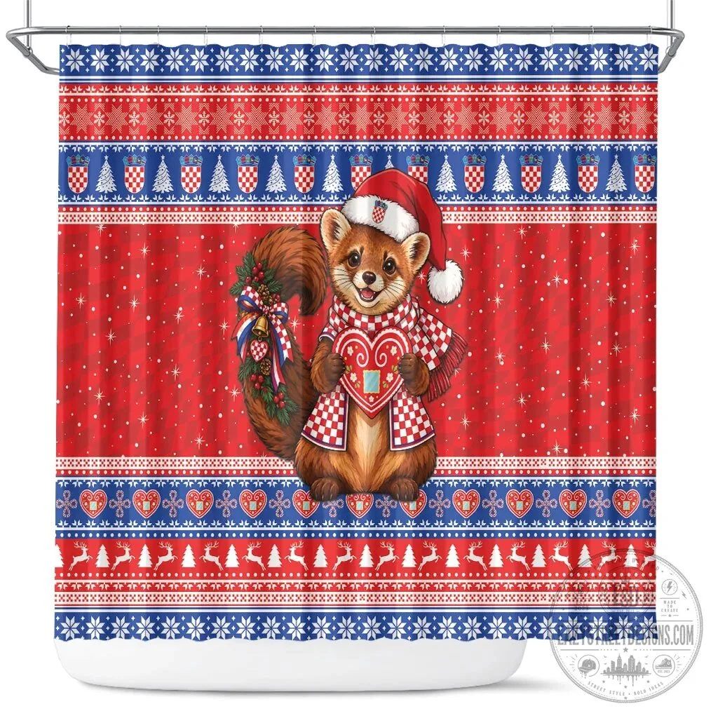 Croatian Christmas Kuna Licitar Heart Ugly Sweater Pattern Shower Curtain