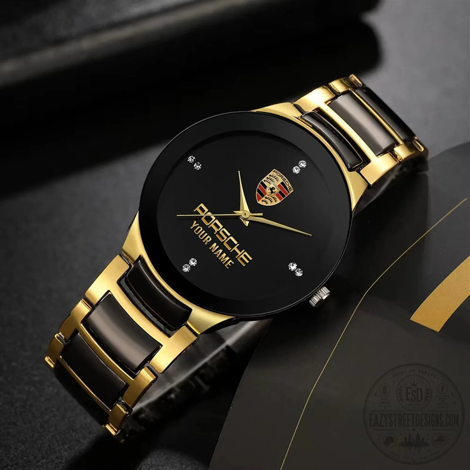Porsche Custom Name Gold and Black Stainless Steel Quartz Watch
