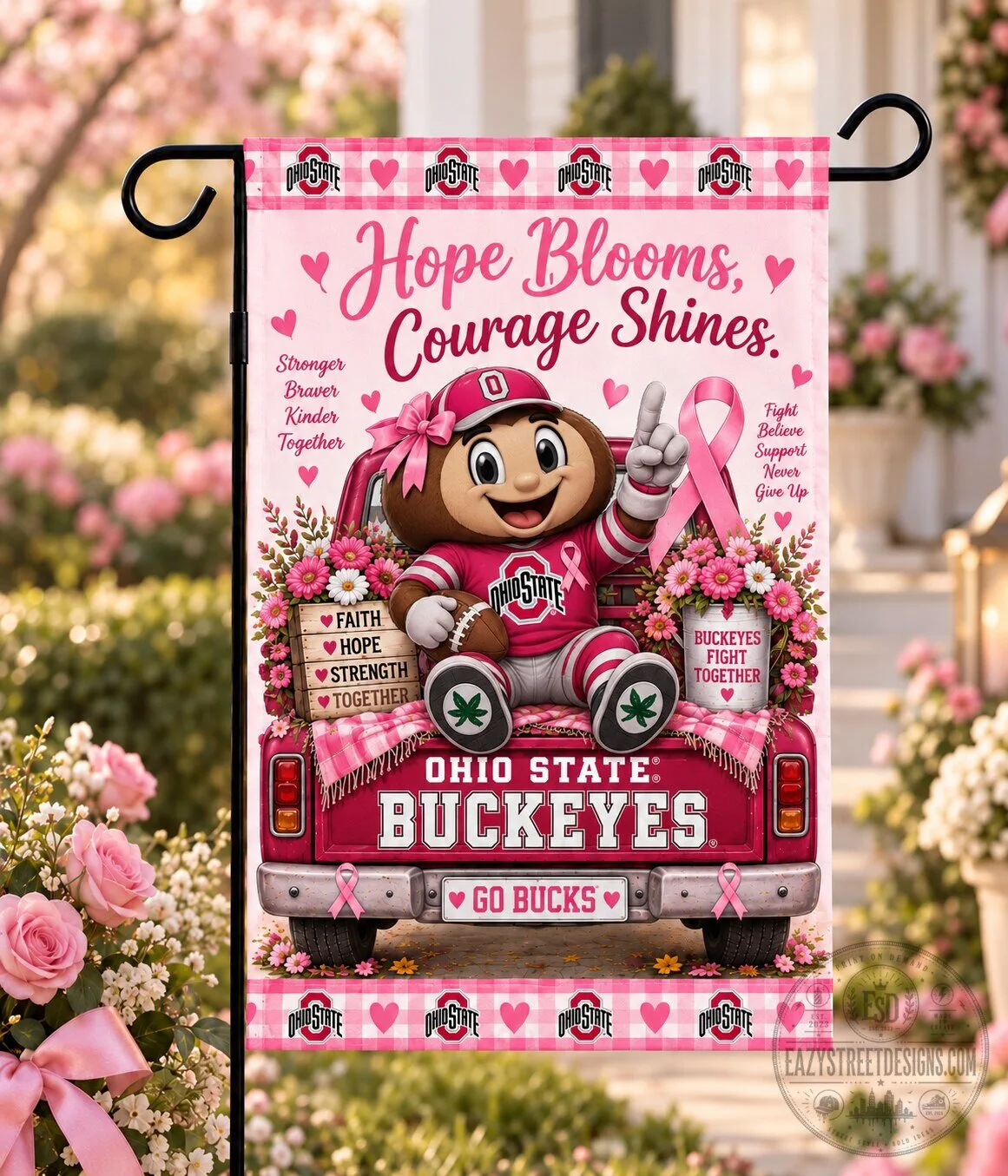 Ohio State Buckeyes Breast Cancer Awareness Hope Blooms Courage Shines Flag