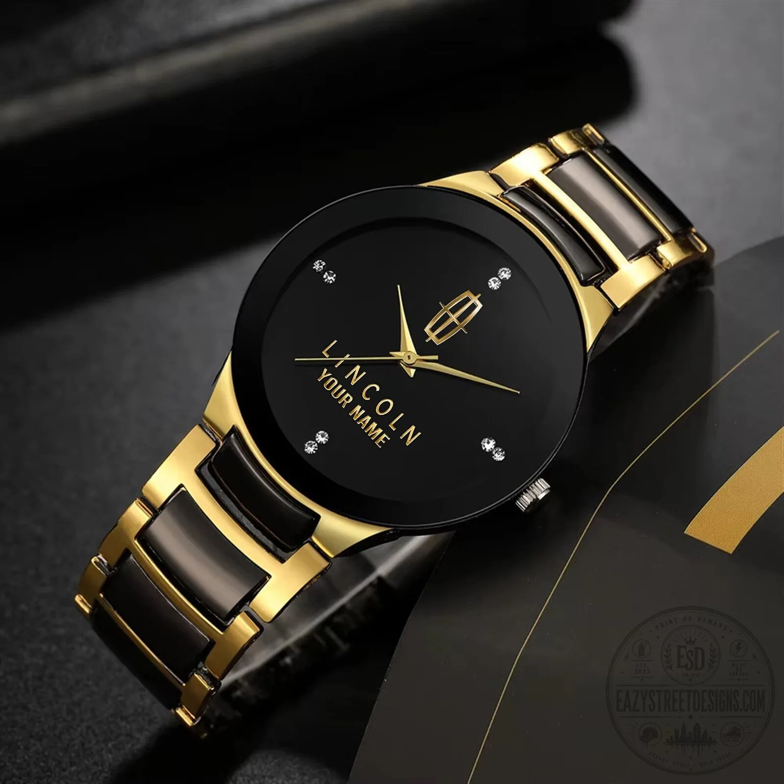 Lincoln Custom Name Gold and Black Stainless Steel Quartz Watch
