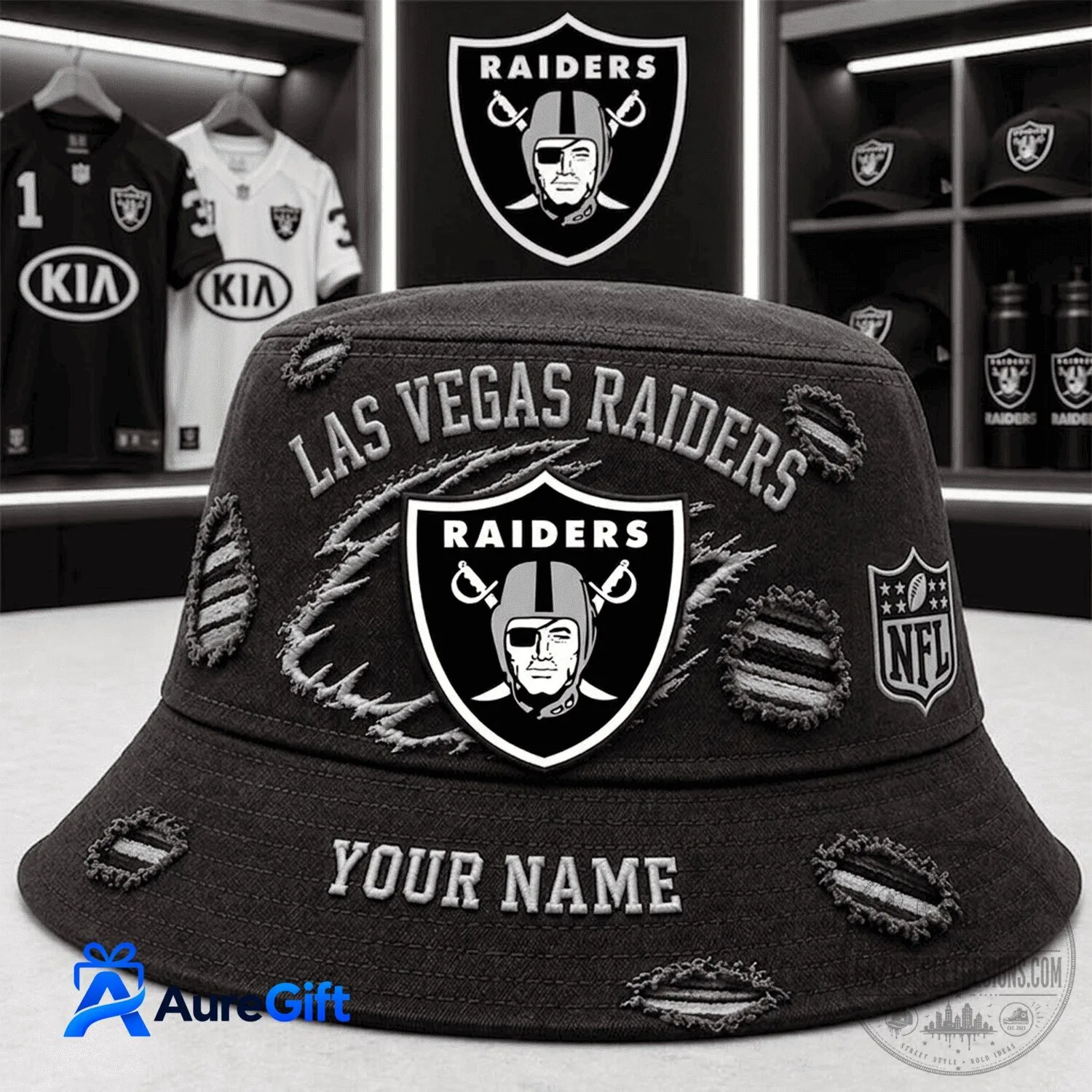 Las Vegas Raiders Personalized Distressed Black Bucket Hat