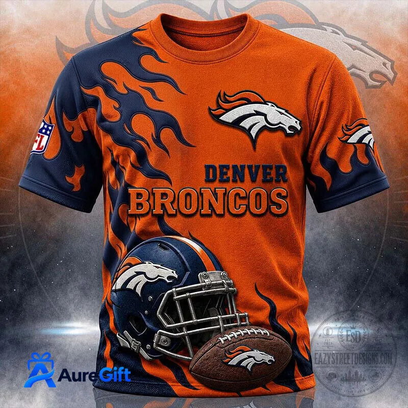 Denver Broncos NFL Football Team Logo Orange Flame Design T-Shirt 2 Denver Broncos NFL Football Team Logo Orange Flame Design T-Shirt