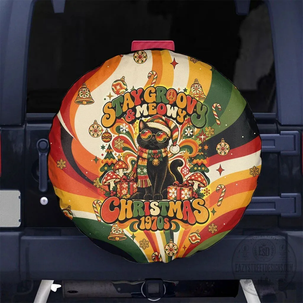 Stay Groovy And Meowy Christmas Black Cat Retro 1970s Holiday Spare Tire Cover