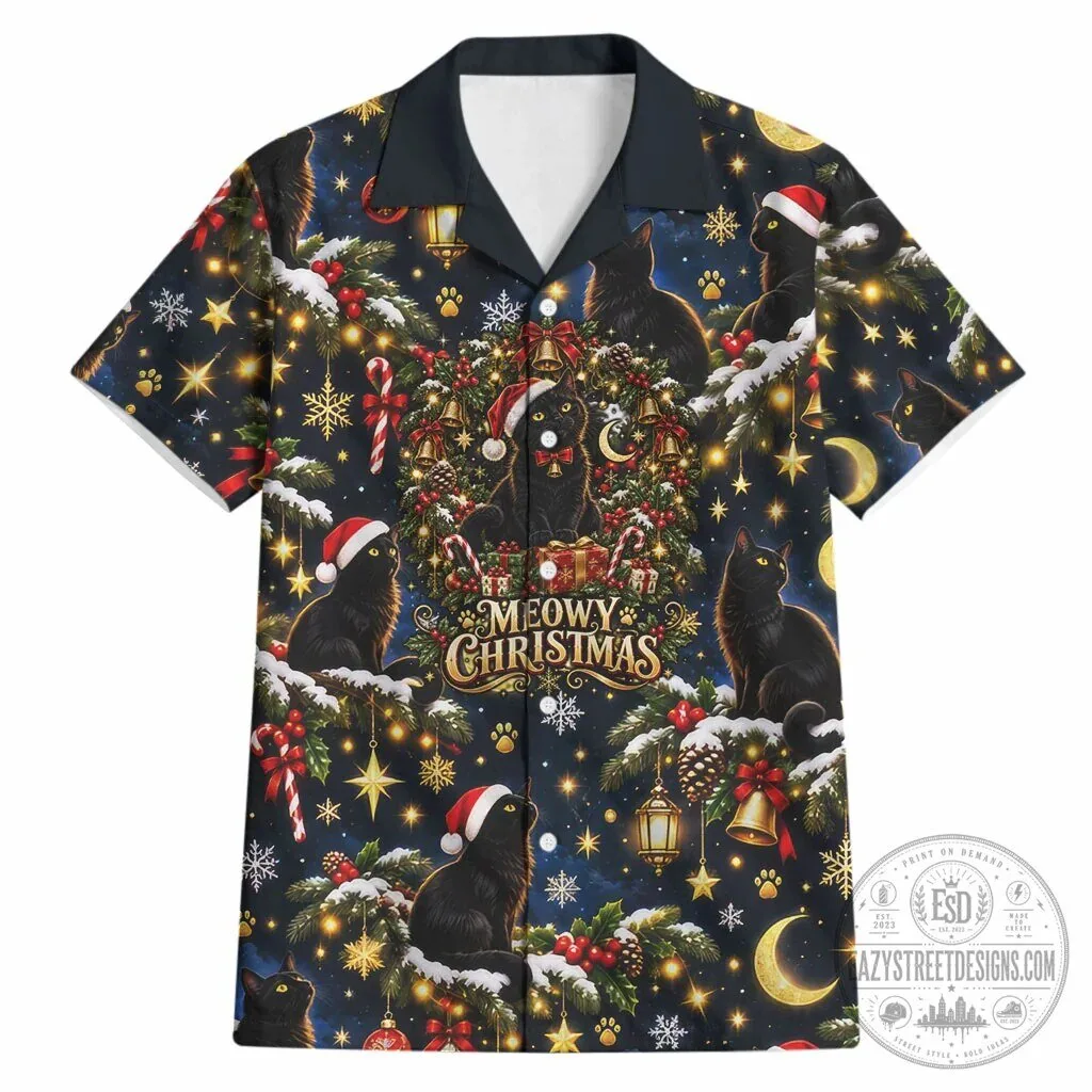 Meowy Christmas Black Cat Festive Night Tree Snow Stars Holiday Pattern Hawaiian Shirt
