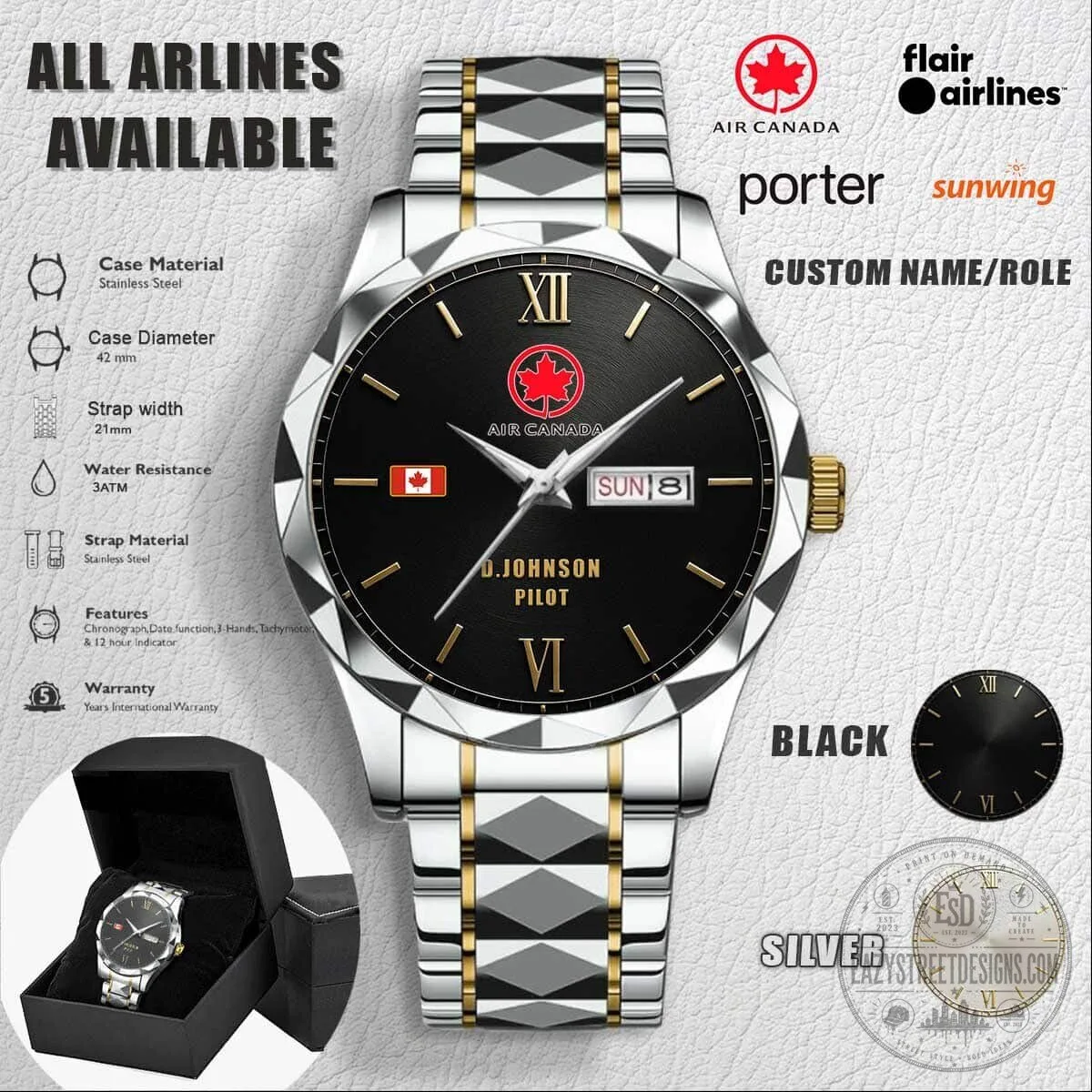 Air Canada Pilot Stainless Steel Watch with Custom Name and Role Engraving 4 Air Canada Pilot Stainless Steel Watch with Custom Name and Role Engraving