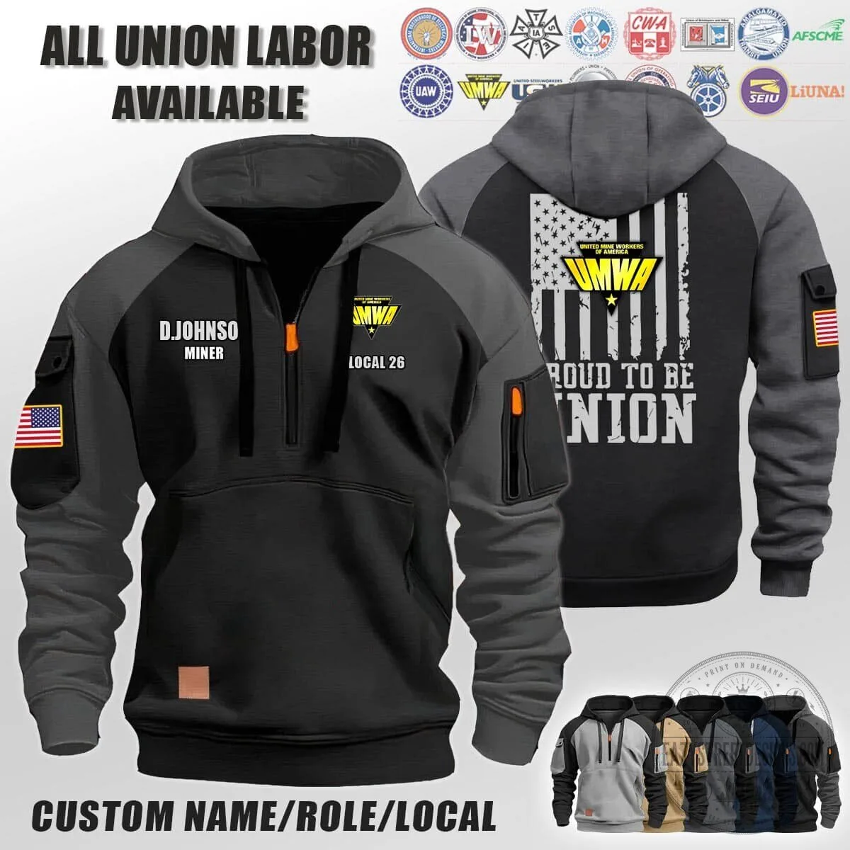United Mine Workers of America UMWA Proud To Be Union Half-Zip Hoodie