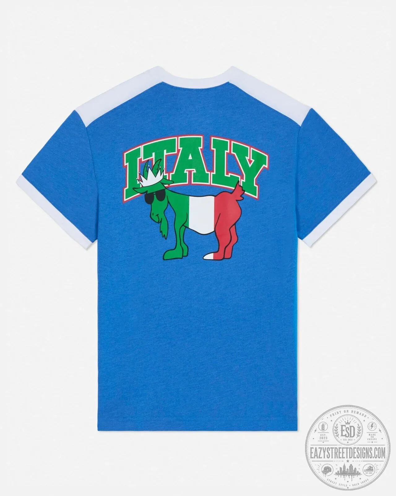 Italy National Flag Goat Cartoon Graphic Blue Ringer T-Shirt 5 Italy National Flag Goat Cartoon Graphic Blue Ringer T-Shirt