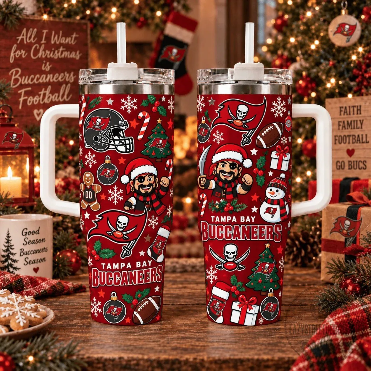 Tampa Bay Buccaneers Christmas Football Holiday Stainless Steel Tumbler with Handle