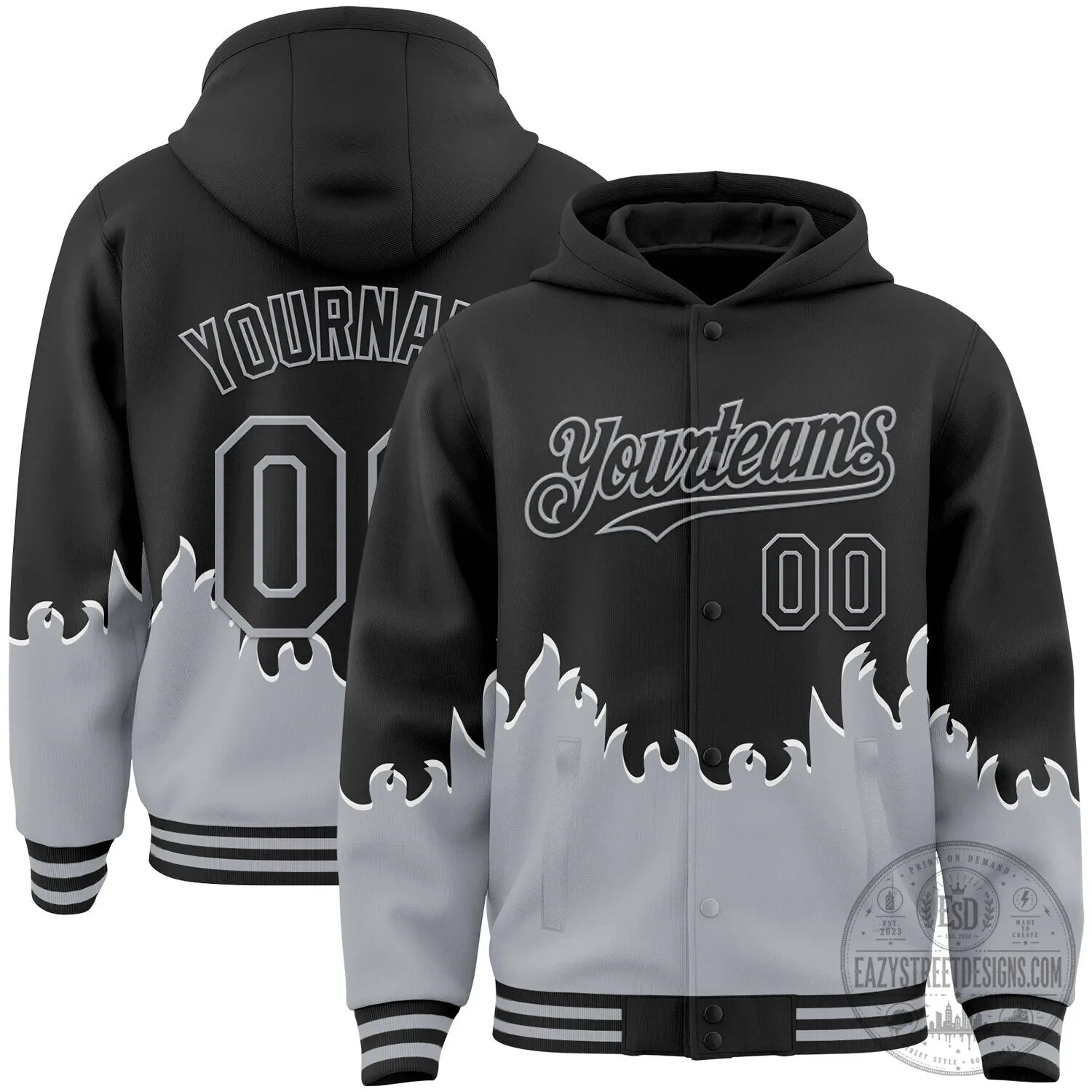 Custom Black Gray Fire Flame Bomber Varsity Jacket