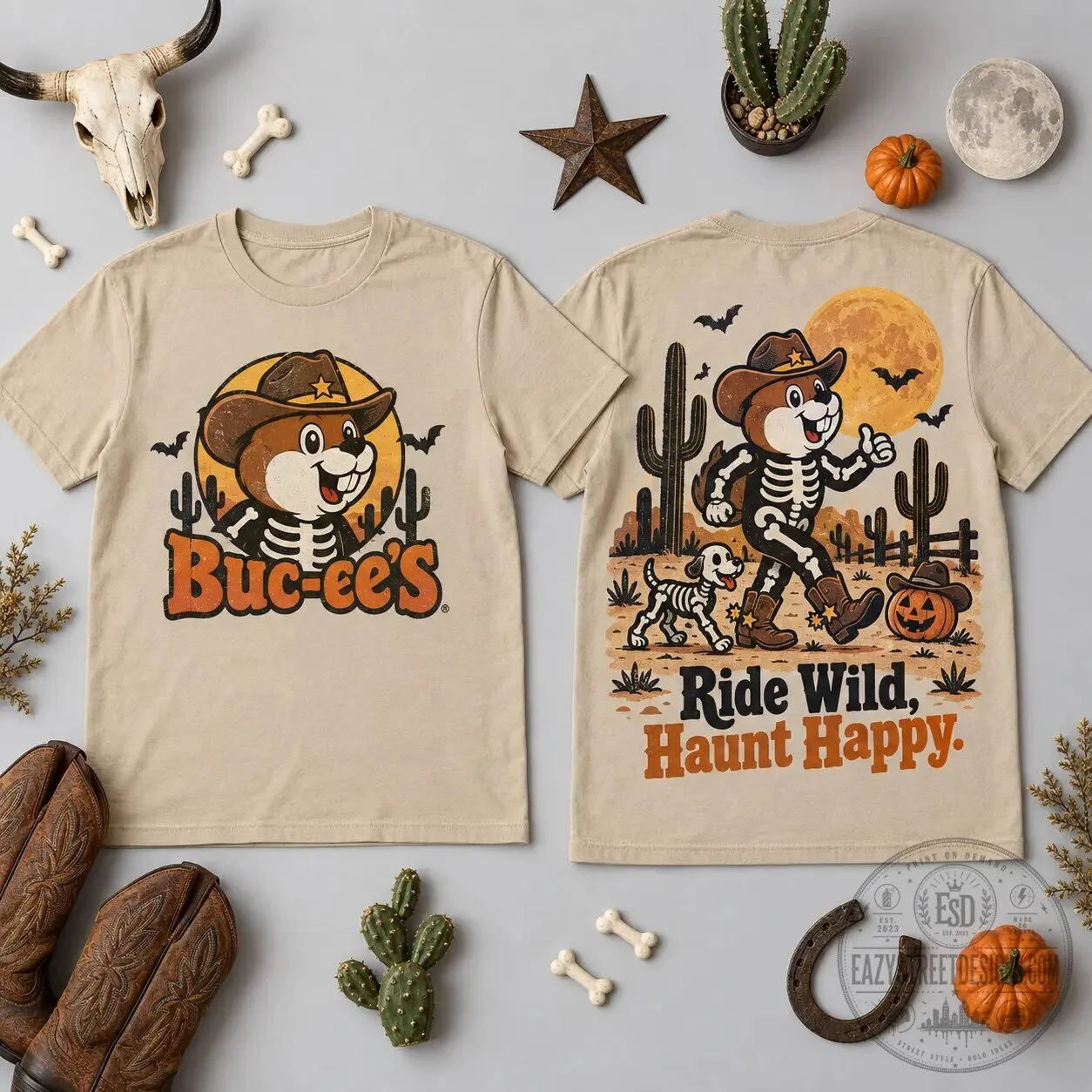 Buc-ee's Skeleton Cowboy Halloween T-Shirt Ride Wild Haunt Happy 2 Buc-ee's Skeleton Cowboy Halloween T-Shirt Ride Wild Haunt Happy