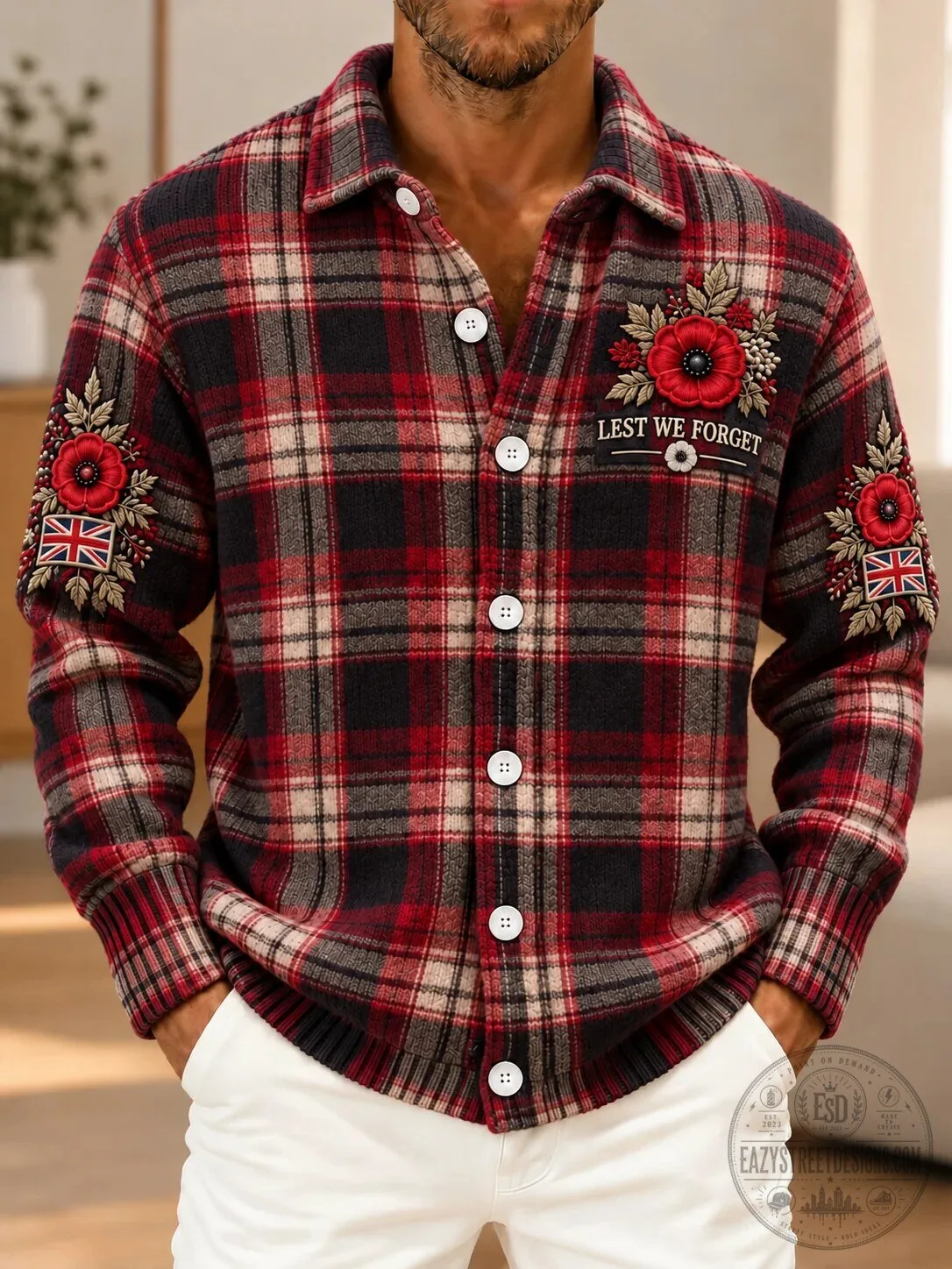 Remembrance Day Lest We Forget Poppy Plaid Button Down Cardigan Sweater 5 Remembrance Day Lest We Forget Poppy Plaid Button Down Cardigan Sweater
