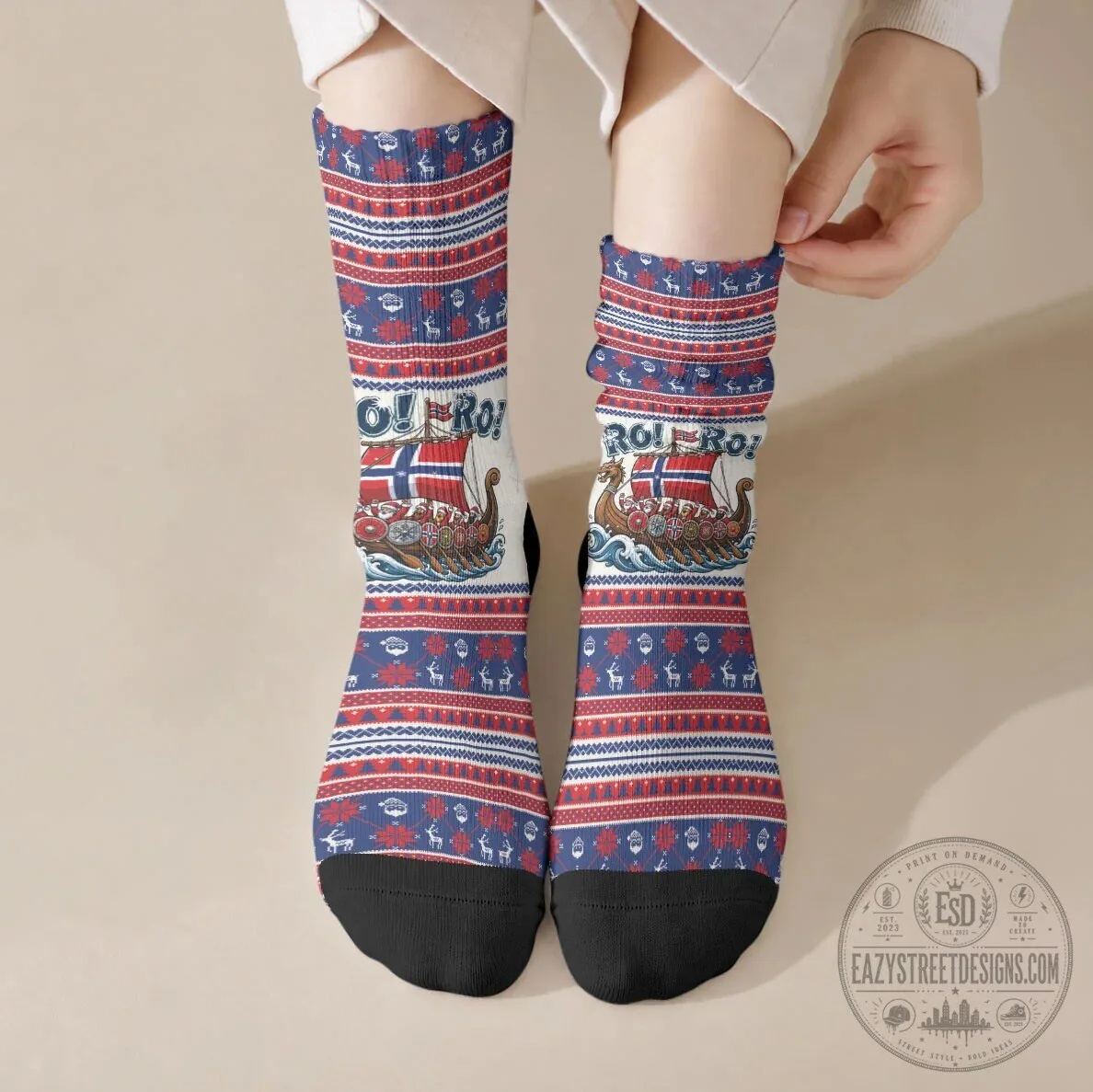 Norge Viking Ship Christmas Crew Socks Ro Ro Ro Norwegian Holiday Gift