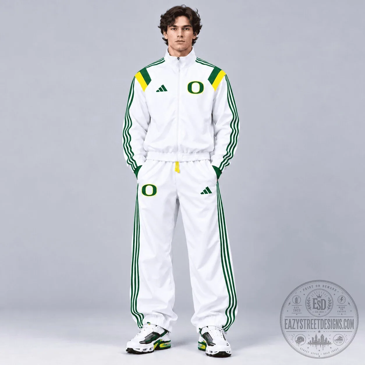 Oregon Ducks White and Green Tracksuit Set with Adidas Logo