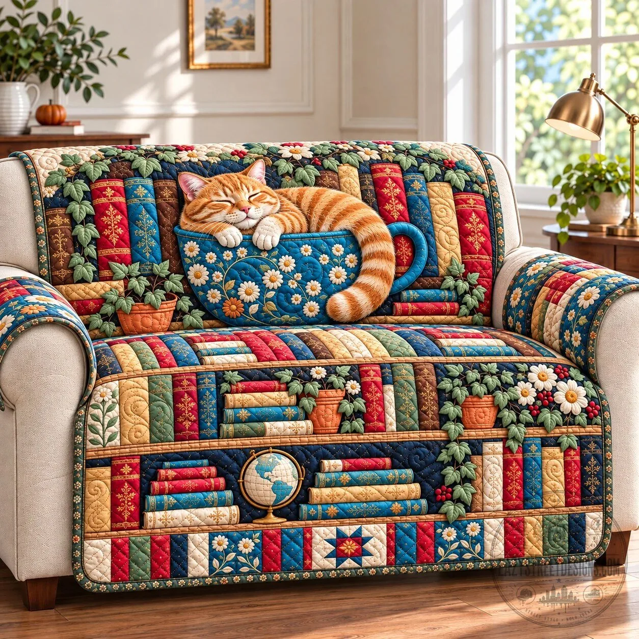 Cat Book Chronicles Quilted Sofa Cover with Sleeping Ginger Cat in Teacup Design