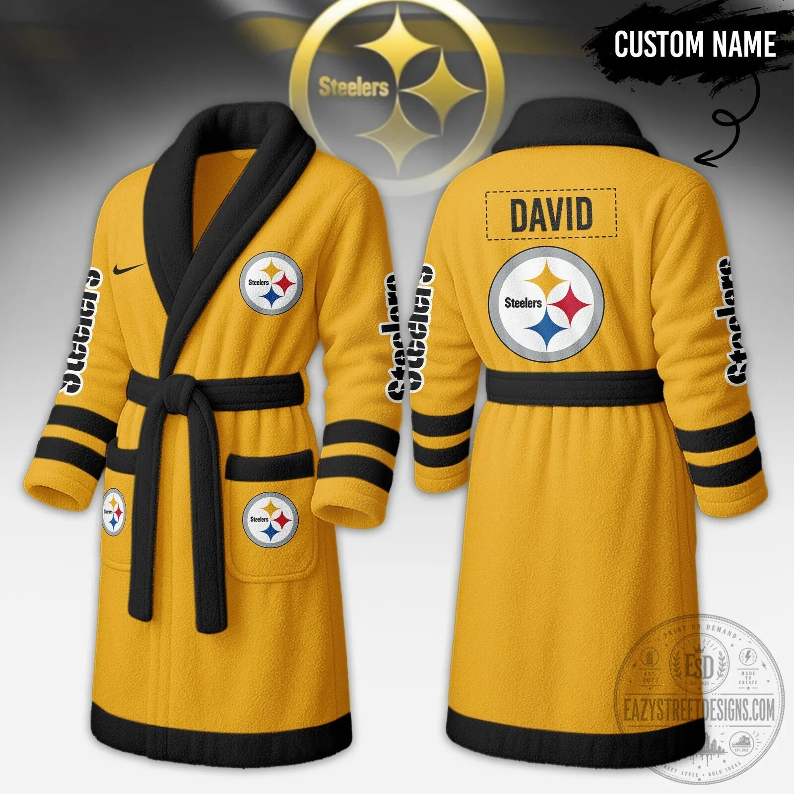 Pittsburgh Steelers Personalized Yellow Black Fleece Bathrobe