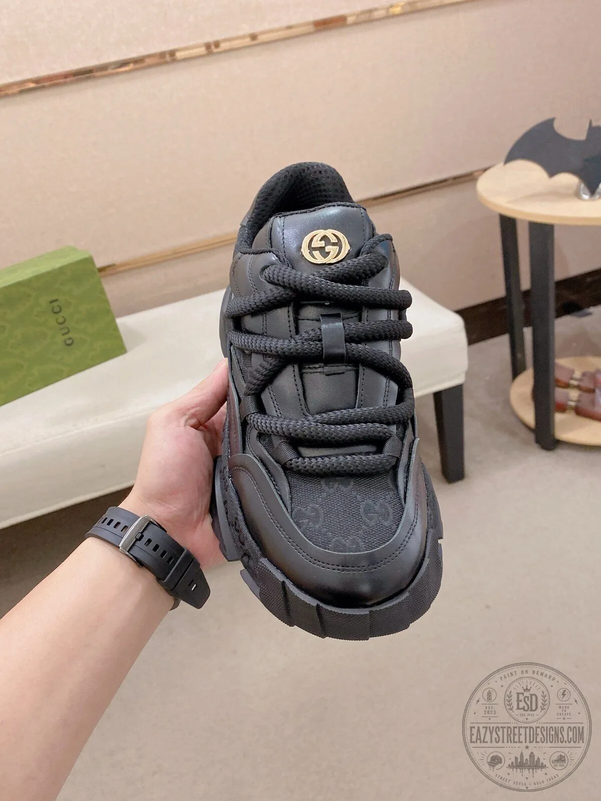 Gucci Black Leather Interlocking G Logo Lace-Up Fashion Sneakers for Men