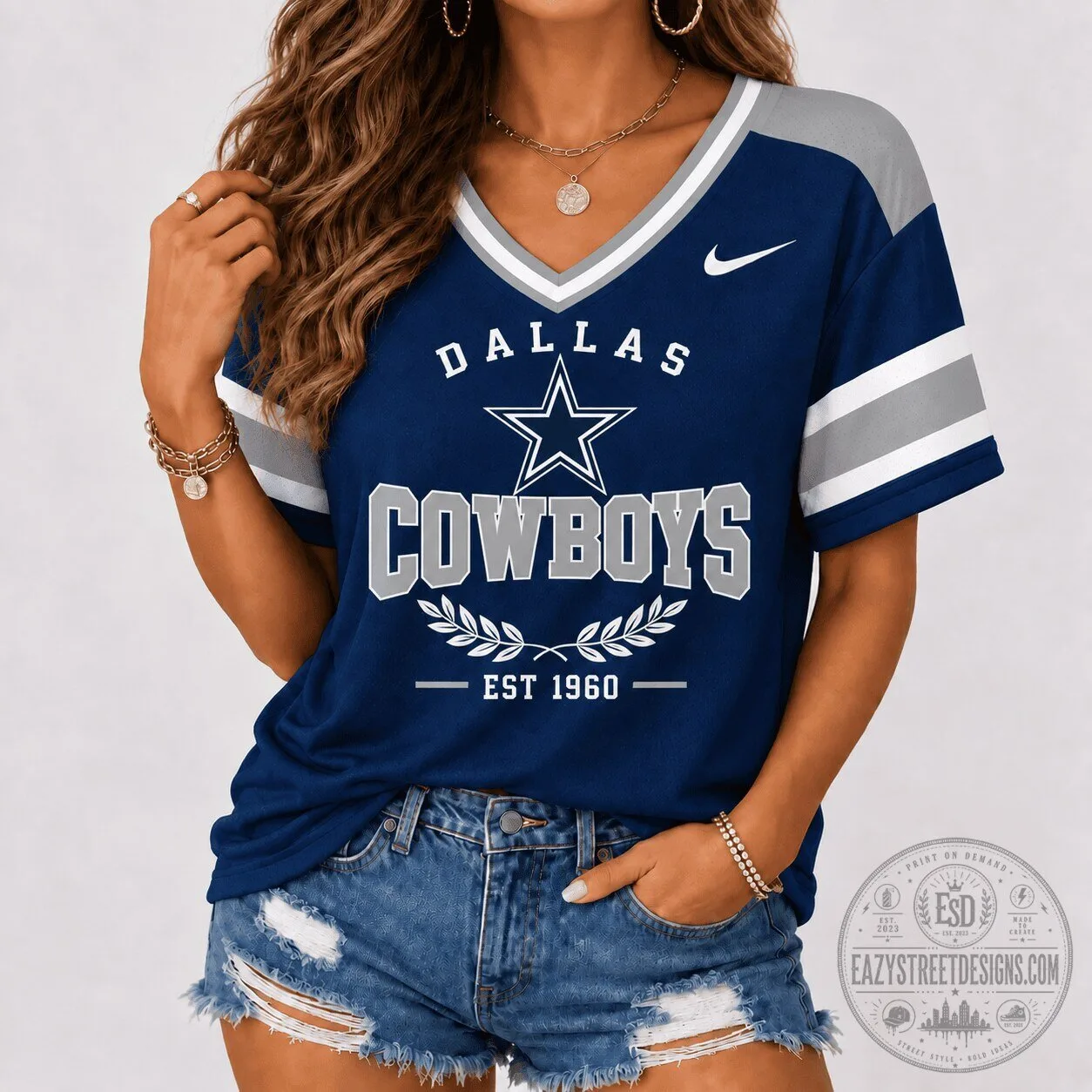 Dallas Cowboys Vintage Style V-Neck Football T-Shirt for Women