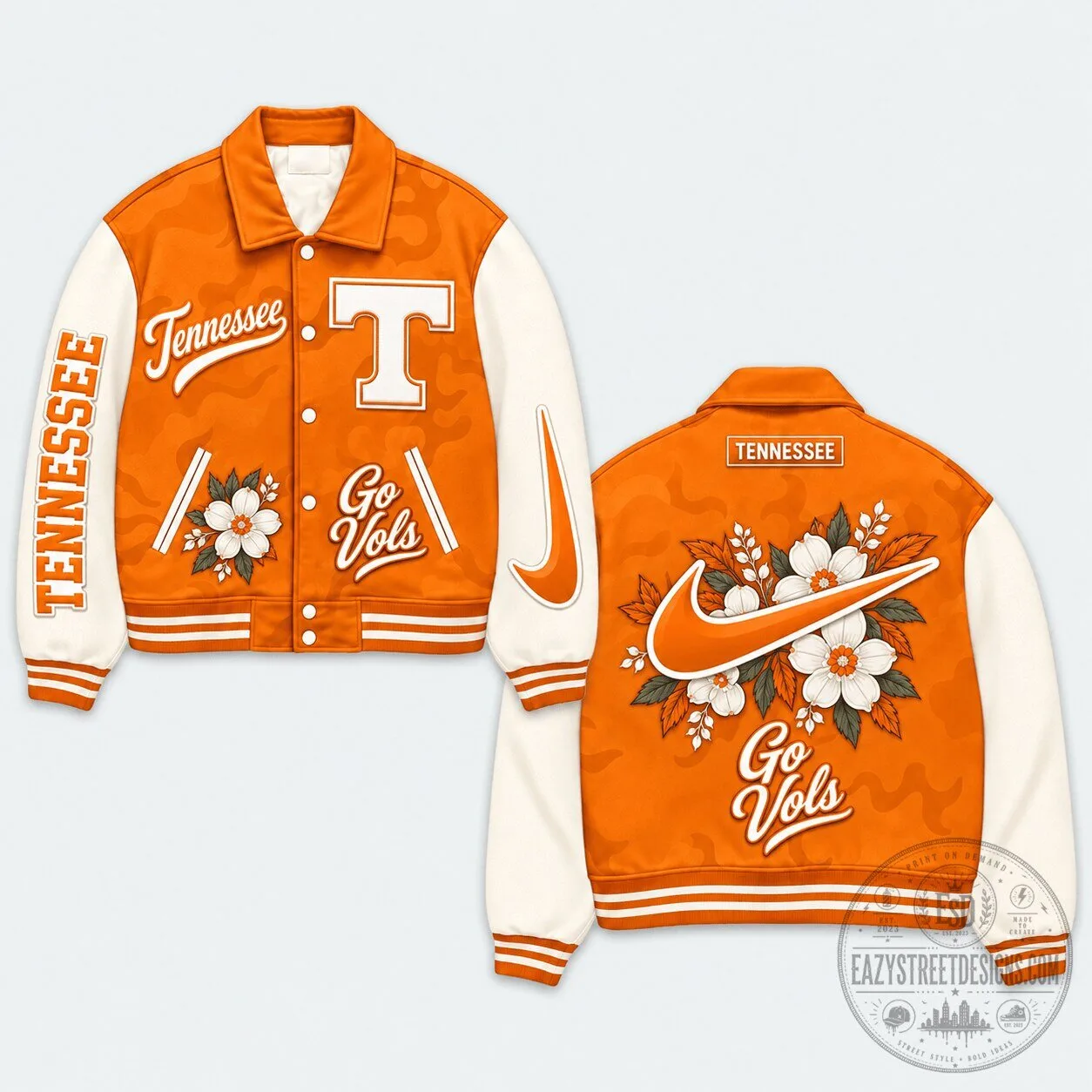 Tennessee Volunteers Floral Camouflage Pattern Orange and White Varsity Jacket
