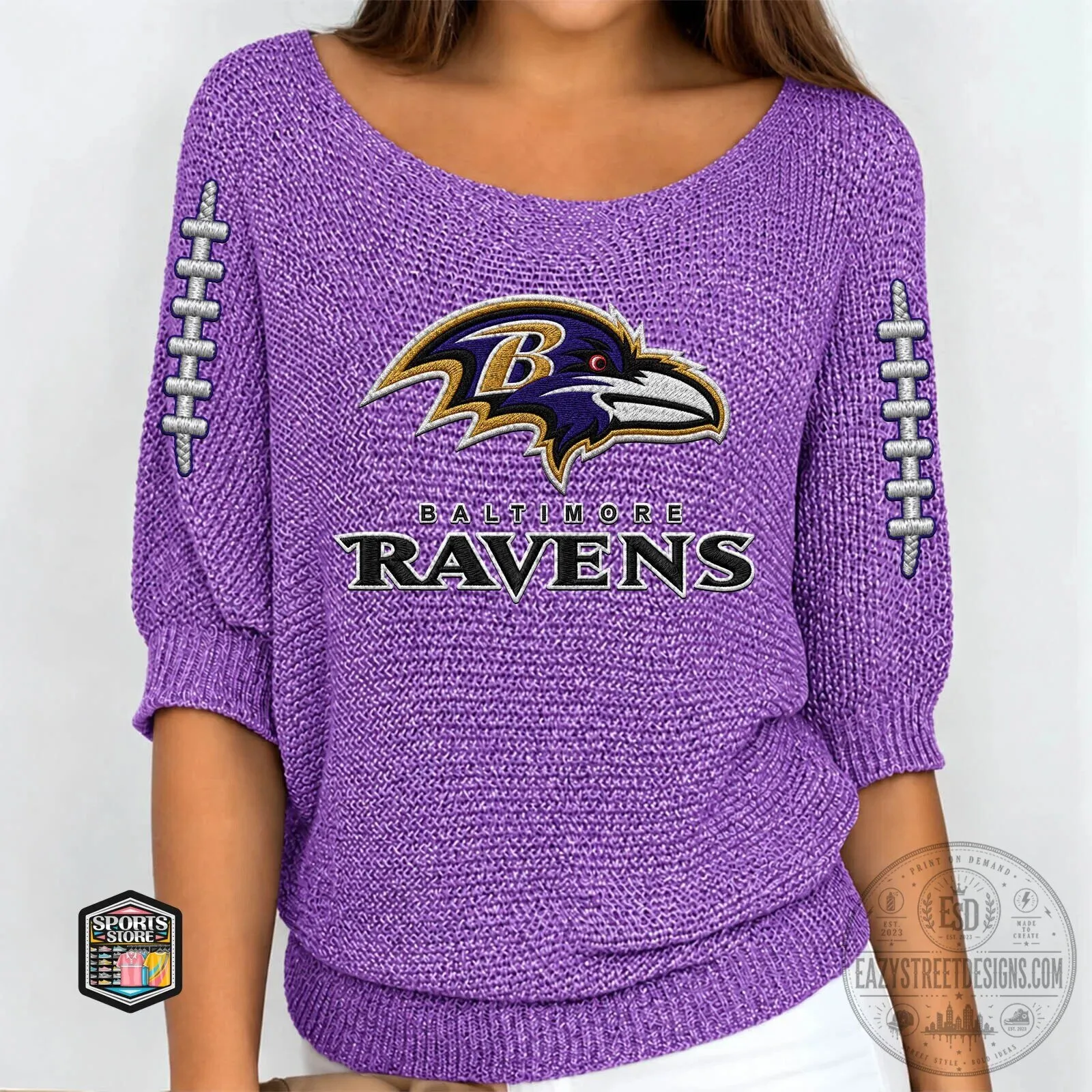 Baltimore Ravens Football Team Logo Purple Knitted Three-Quarter Sleeve Sweater 1 Baltimore Ravens Football Team Logo Purple Knitted Three-Quarter Sleeve Sweater