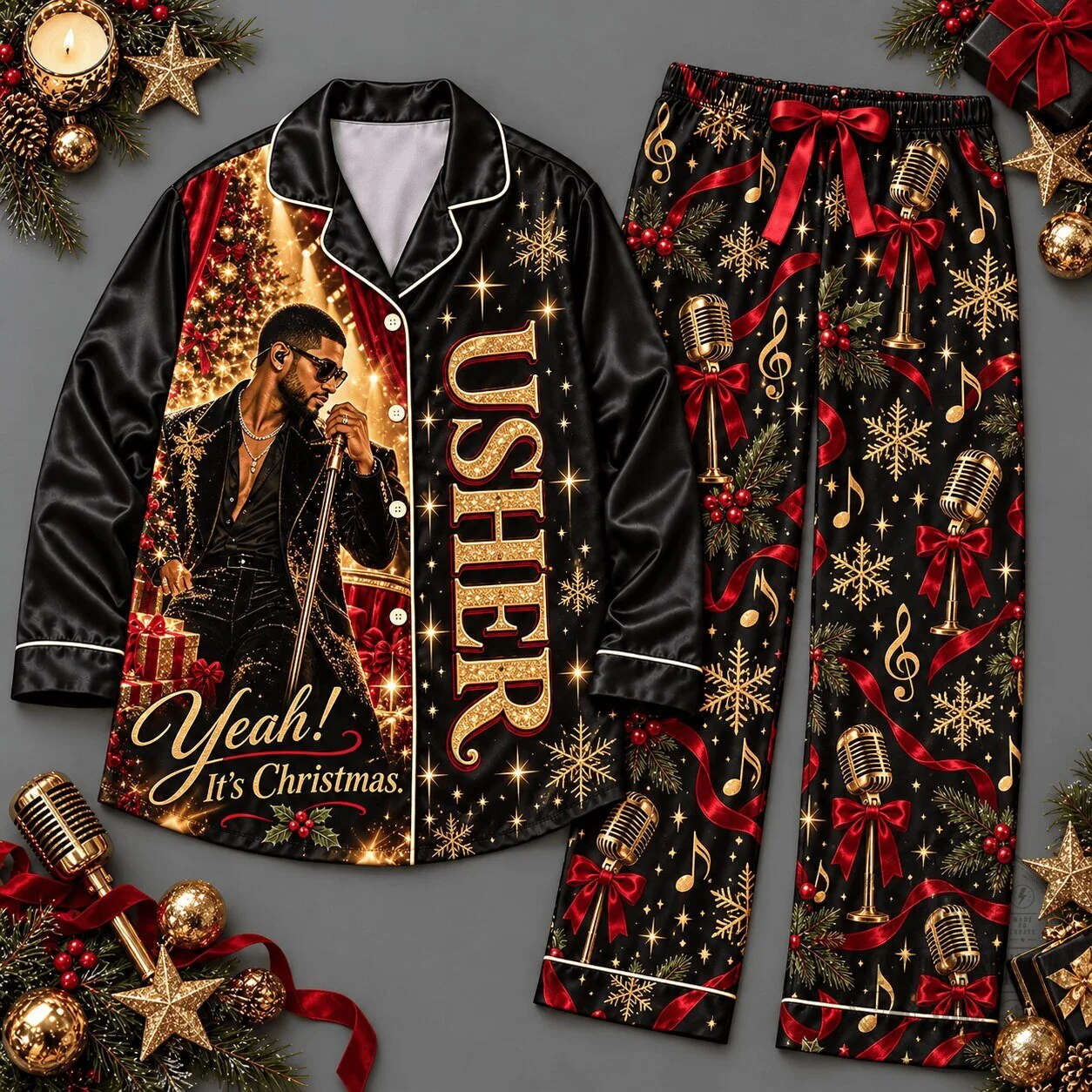 Usher Christmas Portrait Holiday Black Red Long Sleeve Pajamas Set