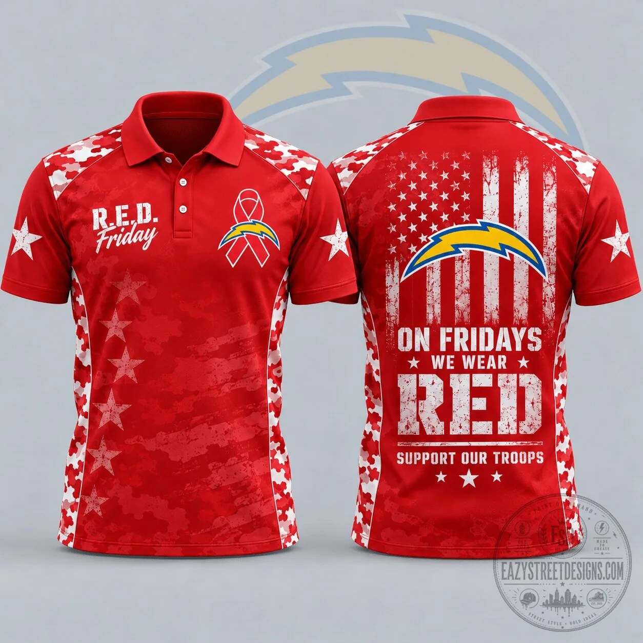 Los Angeles Chargers NFL RED Friday Military Camouflage American Flag Polo Shirt