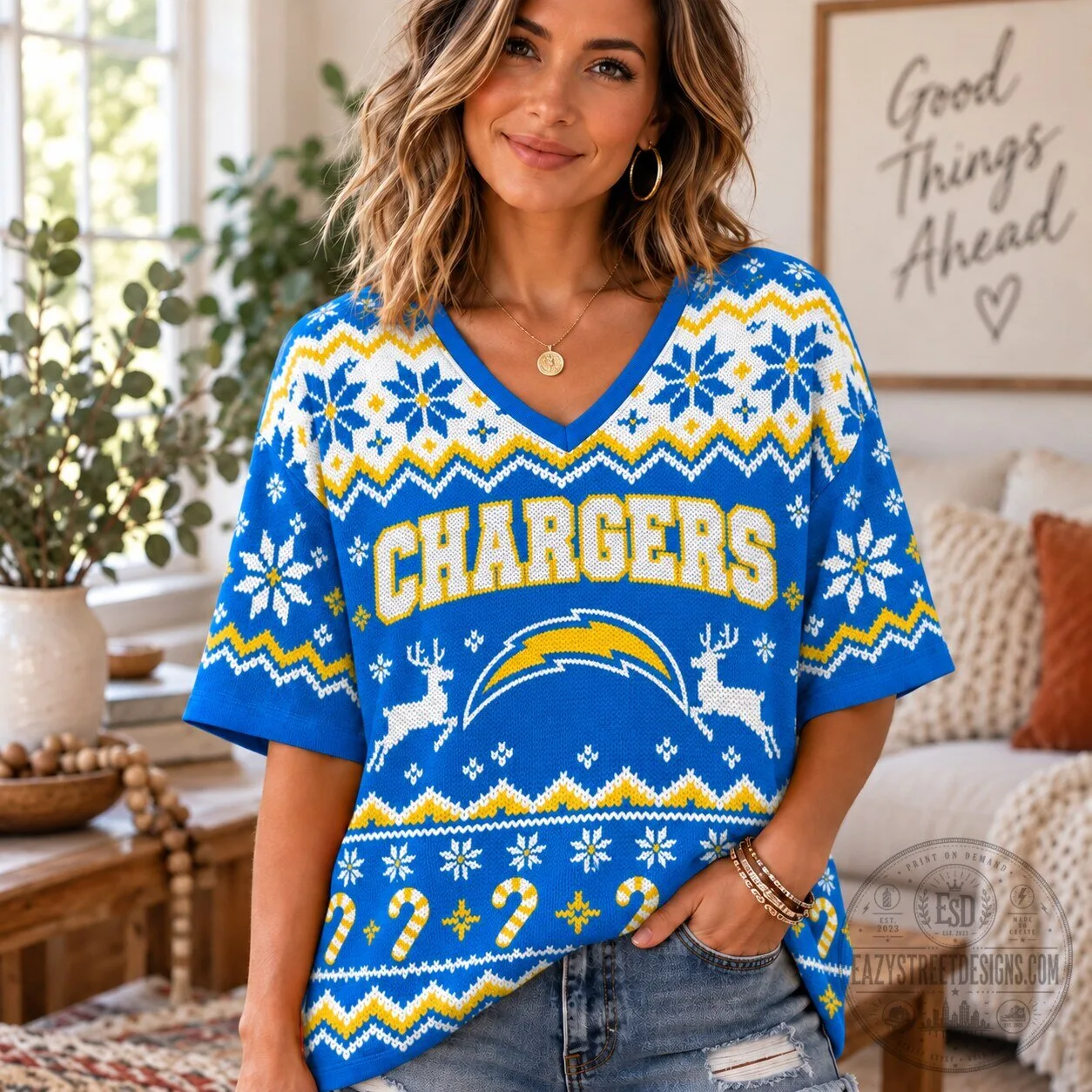 Los Angeles Chargers National Football League Christmas Ugly Sweater V-Neck T-Shirt