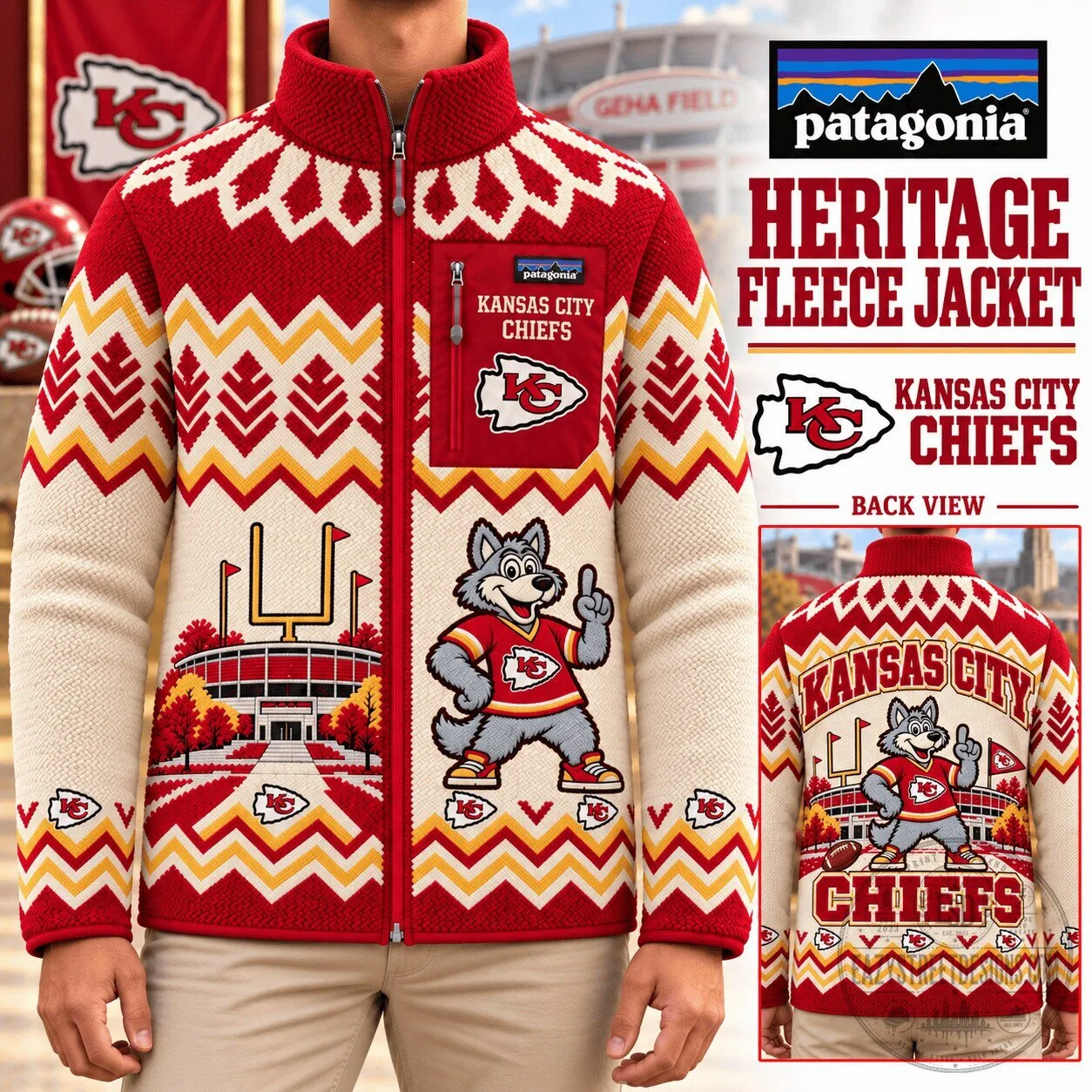 Kansas City Chiefs Heritage Fleece Jacket with Wolf Mascot and Stadium Design