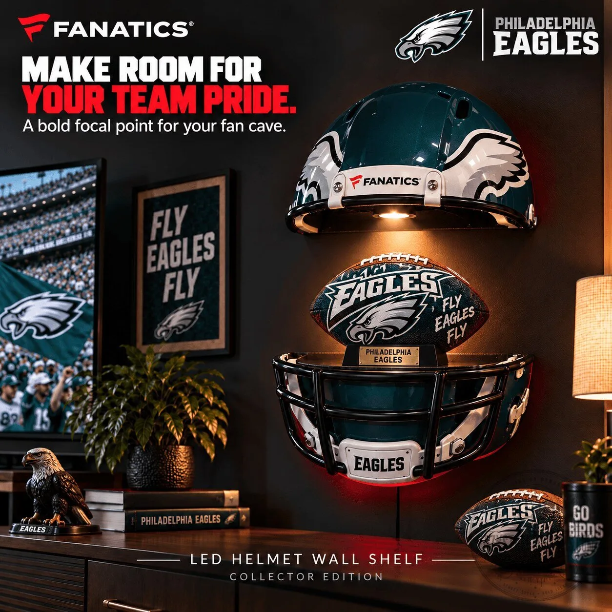 Philadelphia Eagles Football Helmet Wall Shelf with LED Lights 5 Philadelphia Eagles Football Helmet Wall Shelf with LED Lights