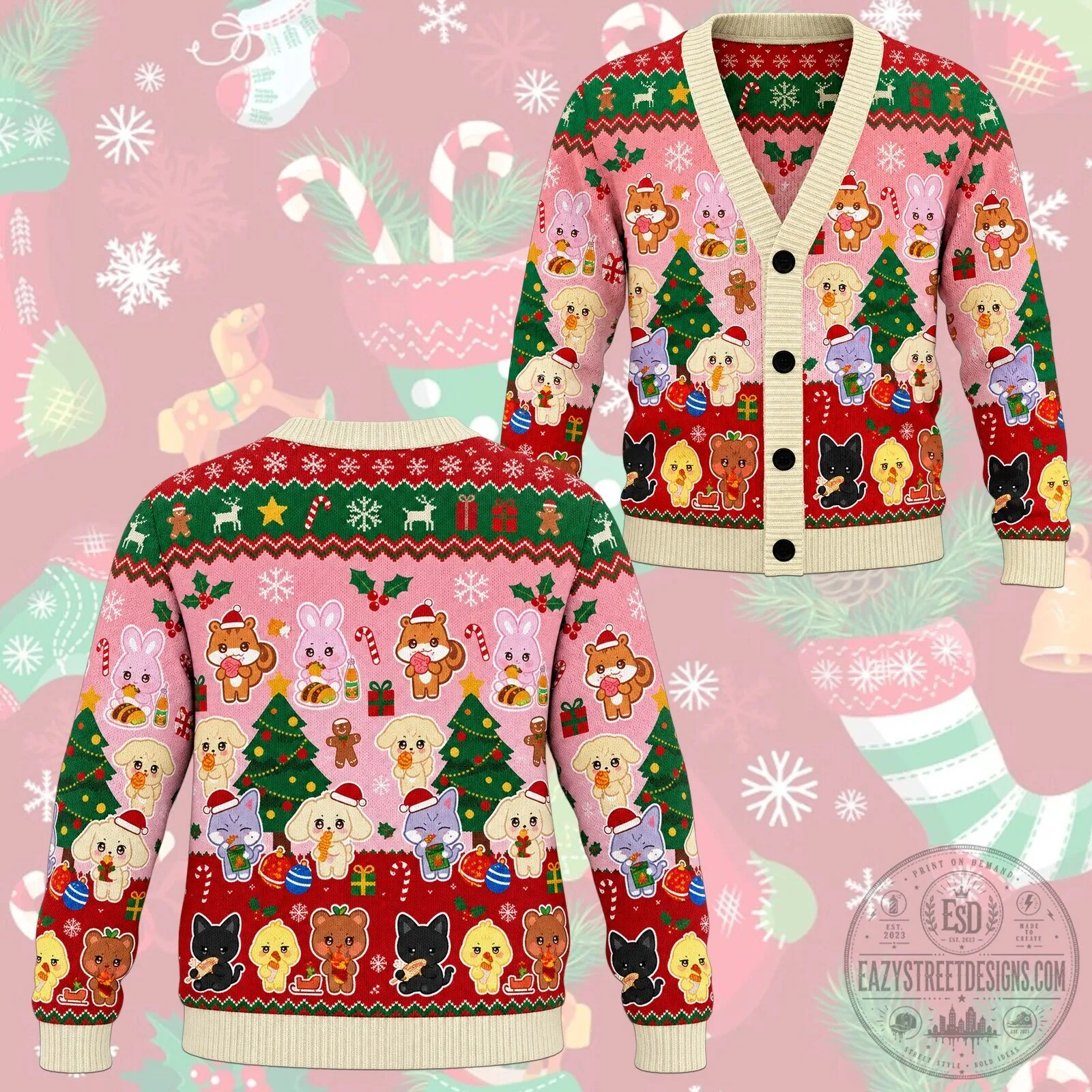 ATEEZ All Members Mascot Festive Pink Fair Isle Knitted Cardigan