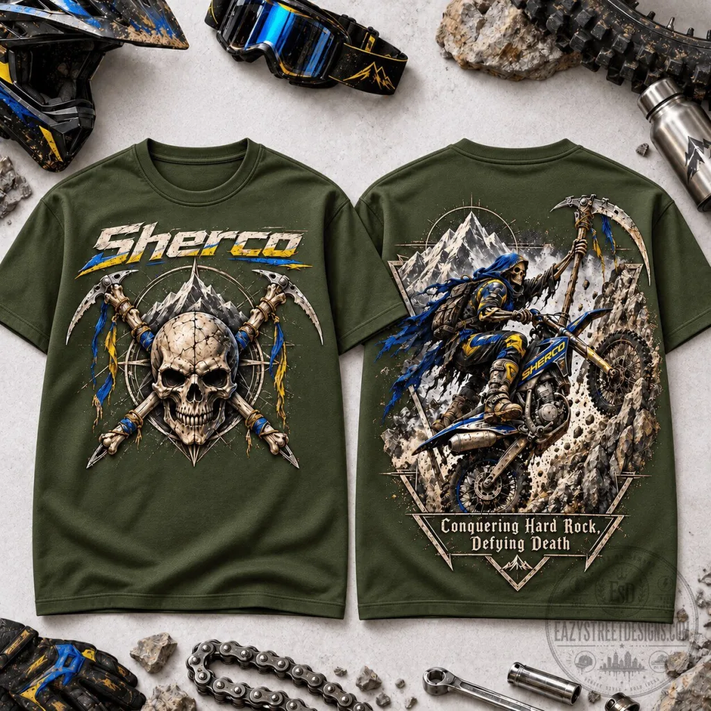 Sherco Fear No Mountain Conquer Every Trail Motocross Skull Graphic T-Shirt Sherco Fear No Mountain Conquer Every Trail Motocross Skull Graphic T-Shirt