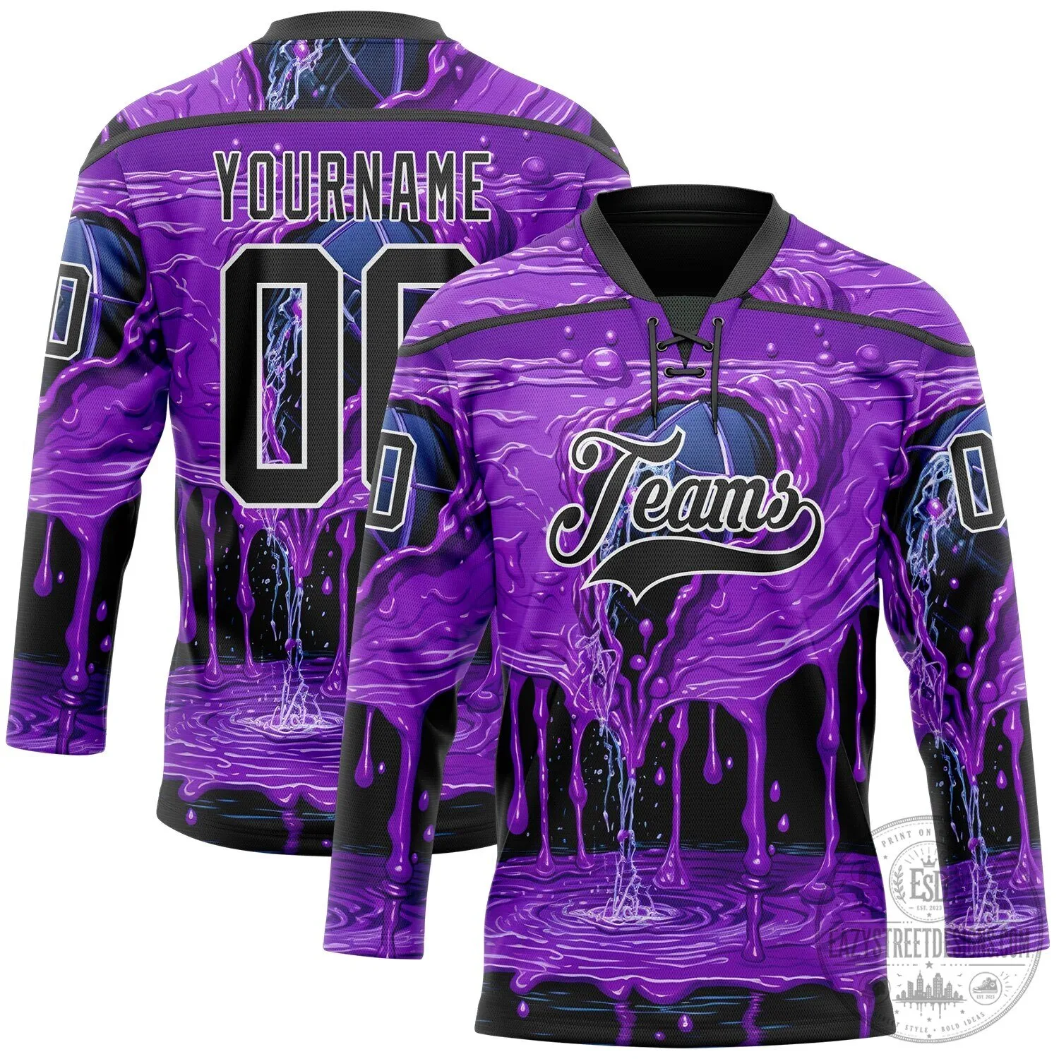Custom Purple Black Melting Psychedelic Lace Neck Hockey Jersey