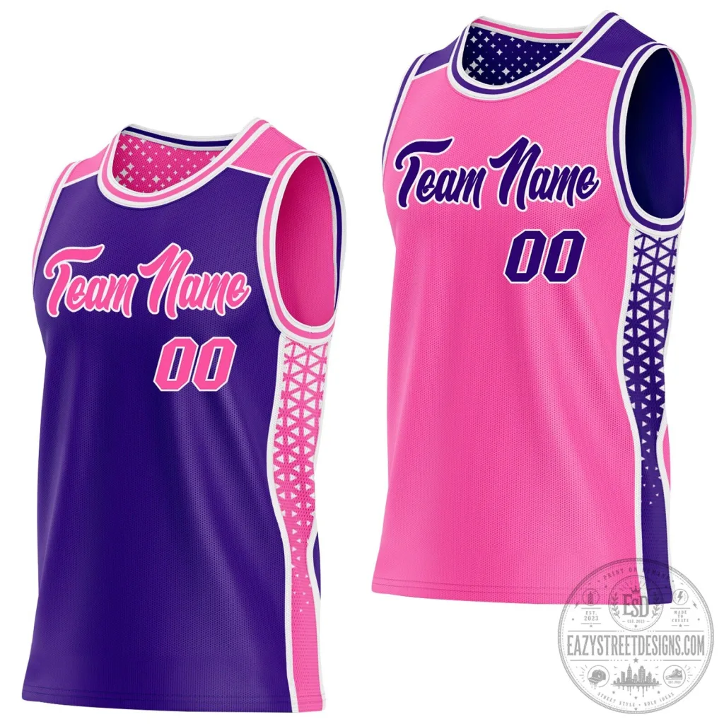 Custom Reversible Pink Purple Basketball Jersey with Geometric Side Panels Custom Reversible Pink Purple Basketball Jersey with Geometric Side Panels