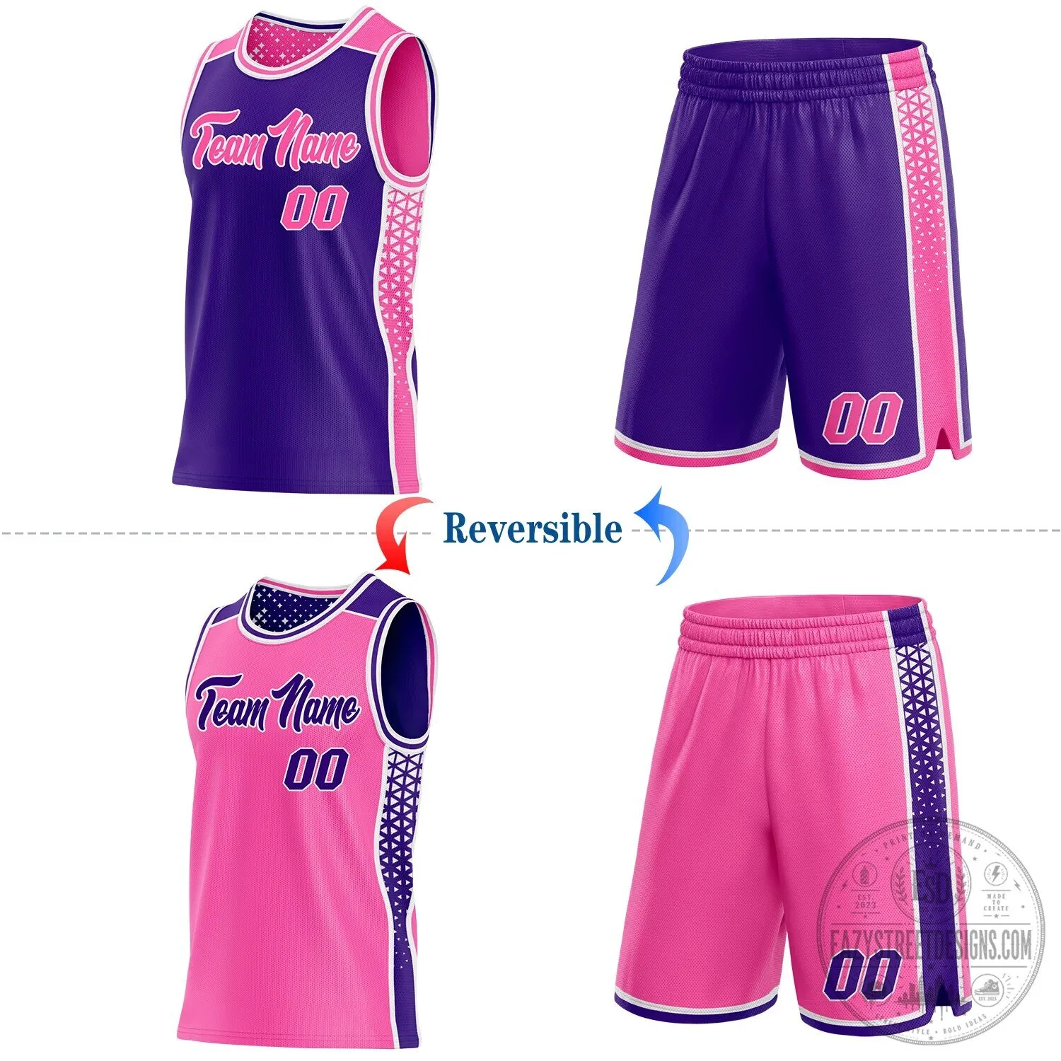 Custom Reversible Pink Purple Basketball Jersey with Geometric Side Panels 12 Custom Reversible Pink Purple Basketball Jersey with Geometric Side Panels