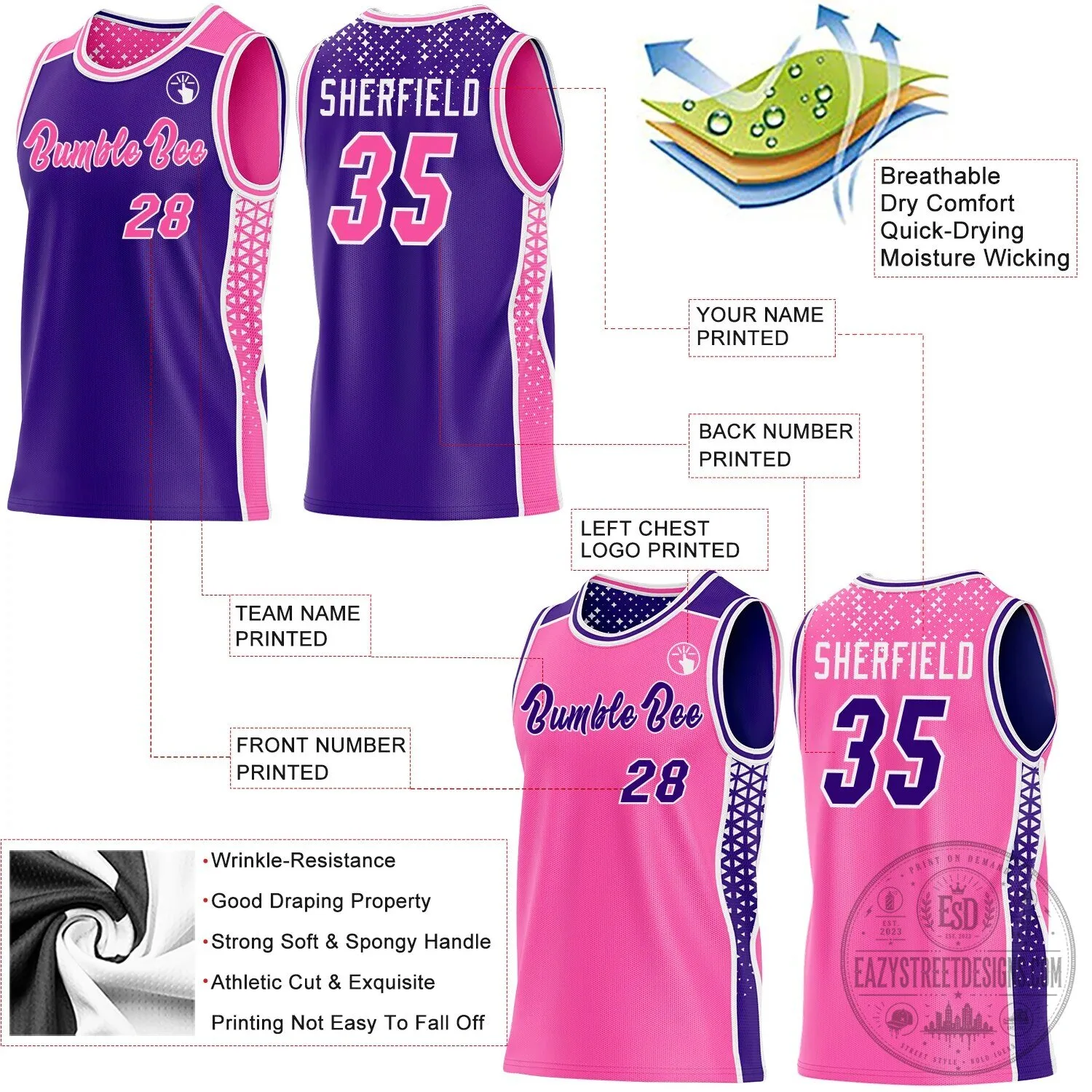 Custom Reversible Pink Purple Basketball Jersey with Geometric Side Panels 15 Custom Reversible Pink Purple Basketball Jersey with Geometric Side Panels