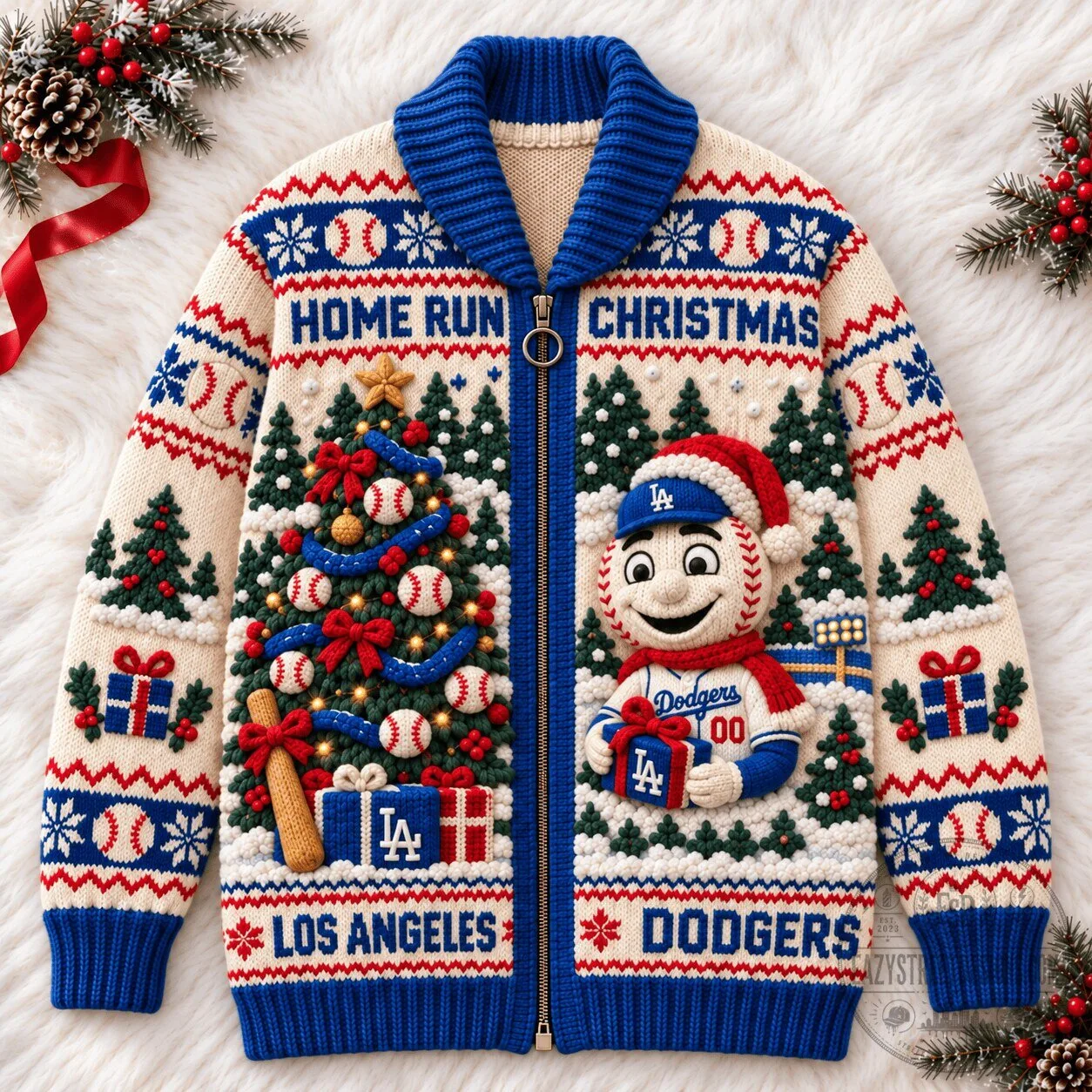 Los Angeles Dodgers Home Run Christmas Knitted Zipper Cardigan Sweater