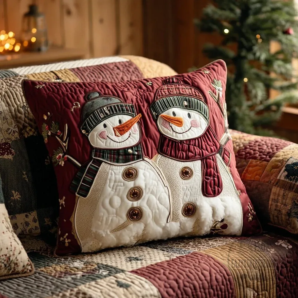 Snowman Friends Christmas Quilted Decorative Pillow