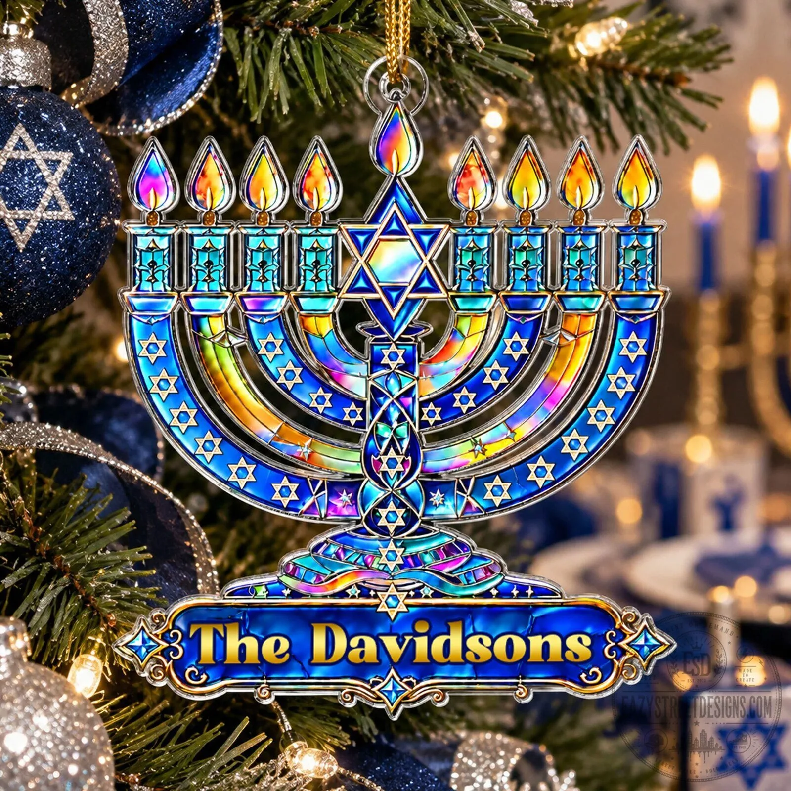 Personalized Hanukkah Menorah Star of David Christmas Tree Ornament 1 Personalized Hanukkah Menorah Star of David Christmas Tree Ornament