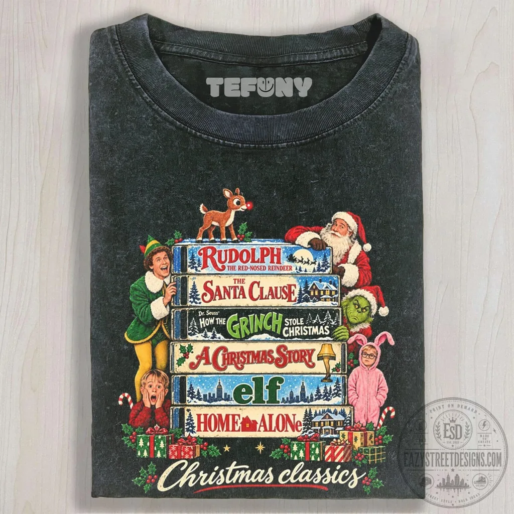 Christmas Movie Classics Stacked Books Holiday Characters T-Shirt Christmas Movie Classics Stacked Books Holiday Characters T-Shirt