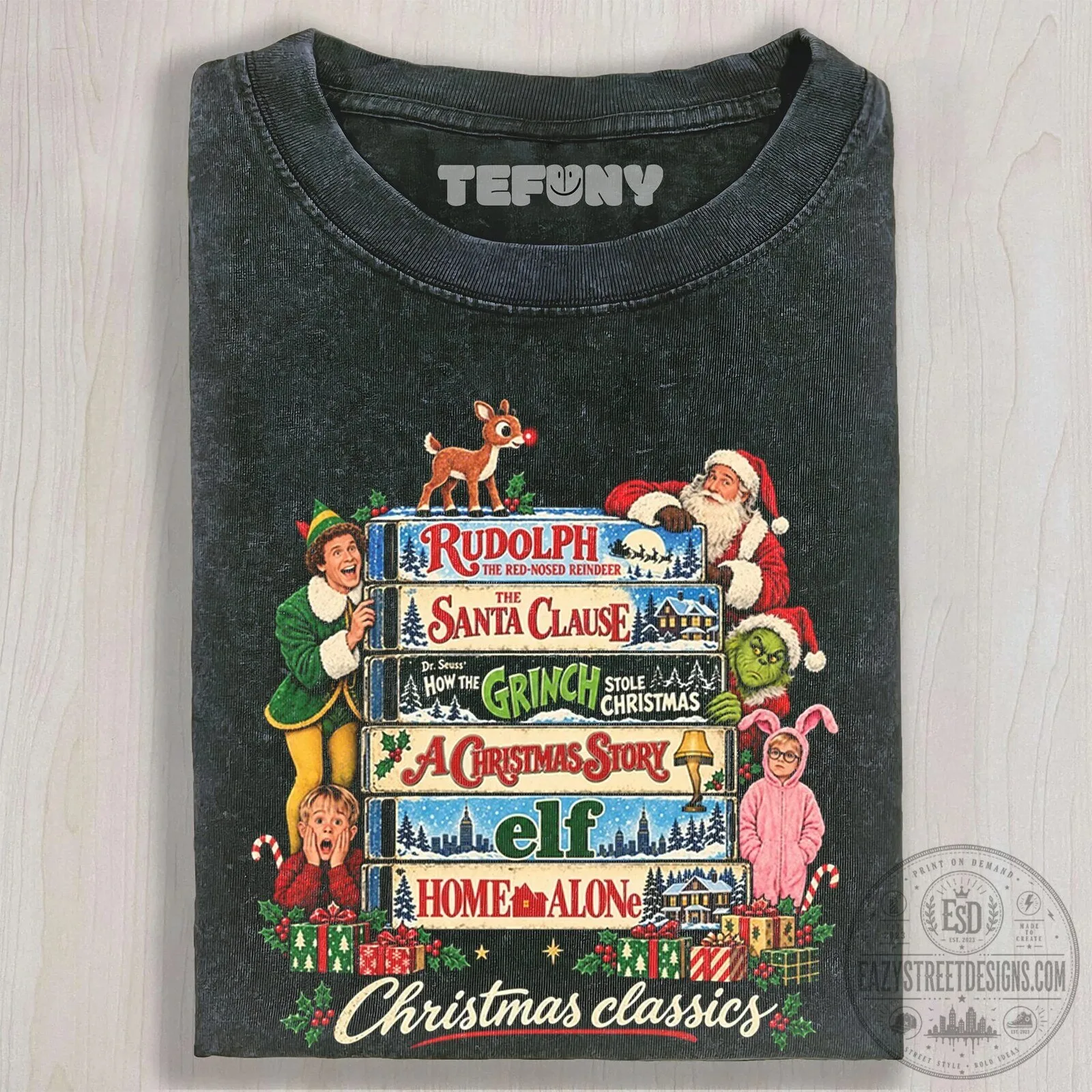 Christmas Movie Classics Stacked Books Holiday Characters T-Shirt 7 Christmas Movie Classics Stacked Books Holiday Characters T-Shirt