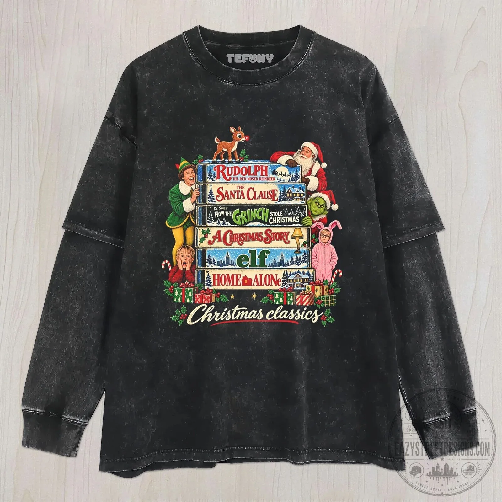 Christmas Movie Classics Stacked Books Holiday Characters T-Shirt 8 Christmas Movie Classics Stacked Books Holiday Characters T-Shirt