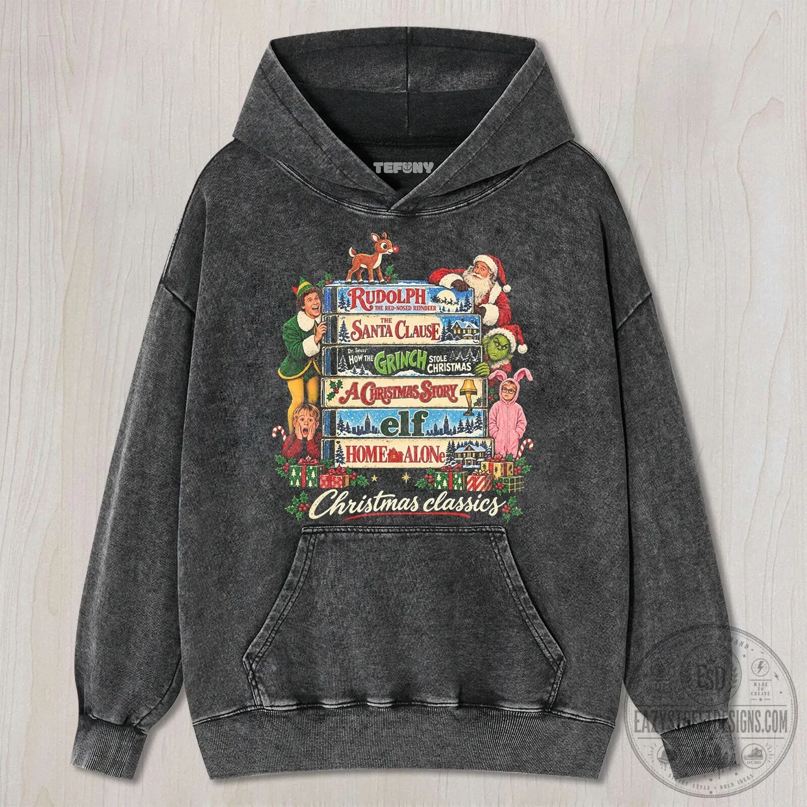 Christmas Movie Classics Stacked Books Holiday Characters T-Shirt 9 Christmas Movie Classics Stacked Books Holiday Characters T-Shirt