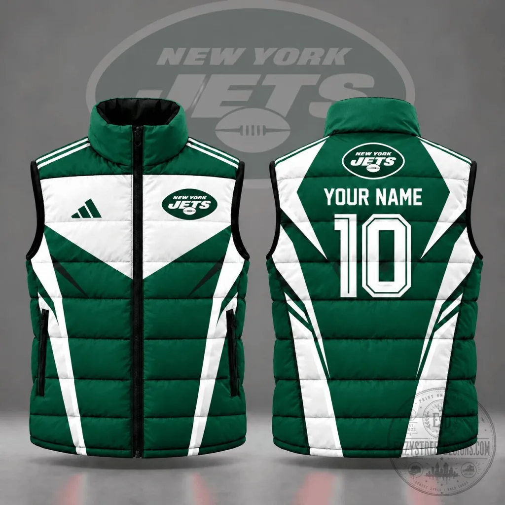 New York Jets Custom Name Number Bold Chevron Colorblock Puffer Vest New York Jets Custom Name Number Bold Chevron Colorblock Puffer Vest