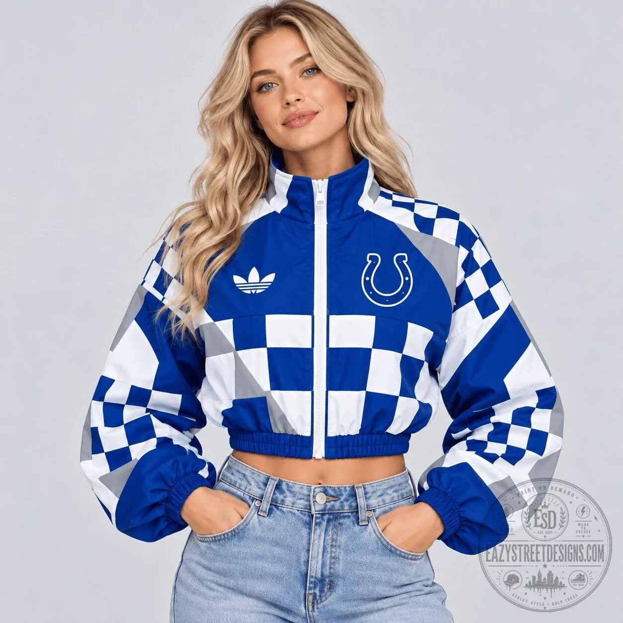 Indianapolis Colts NFL Retro Racing Checkered Flag Colorblock Windbreaker Jacket