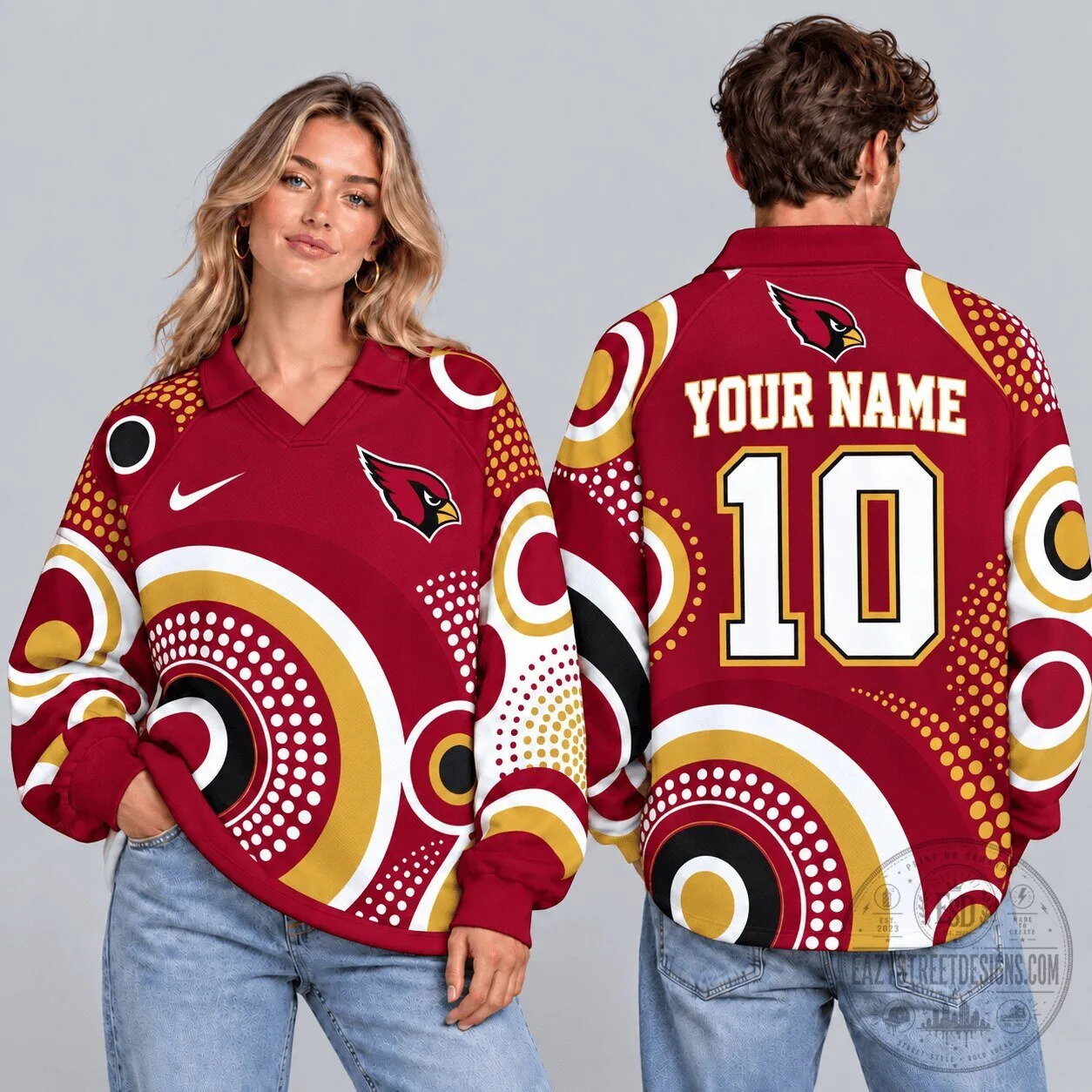Arizona Cardinals NFL Custom Name Number Geometric Circle Print Long Sleeve Polo Shirt
